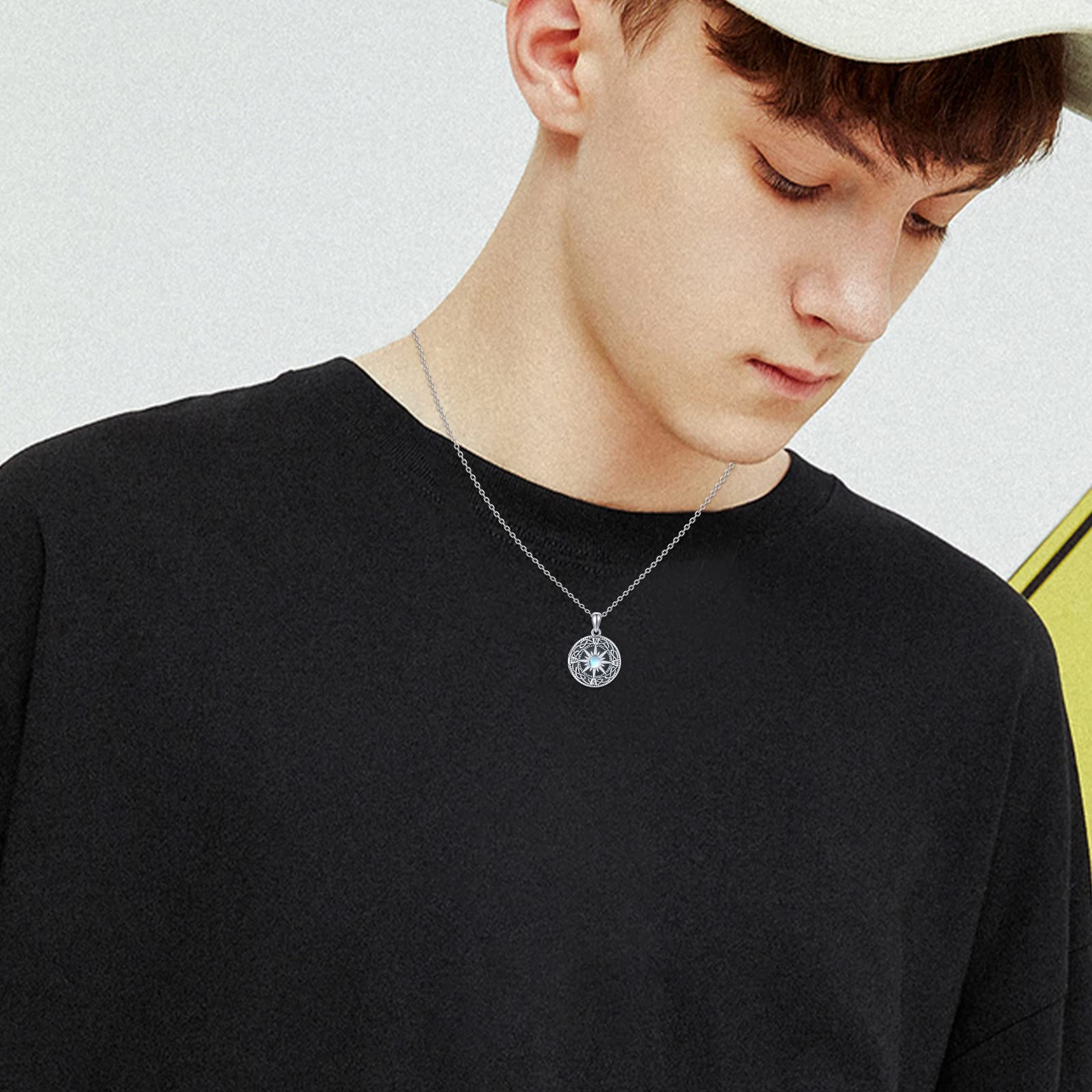 REDSUN Medaglione a bussola in argento Sterling 925, con pietra di luna, con nodo celtico, medaglione con foto e bussola, gioielli per uomo, figlio, ragazzo, donna