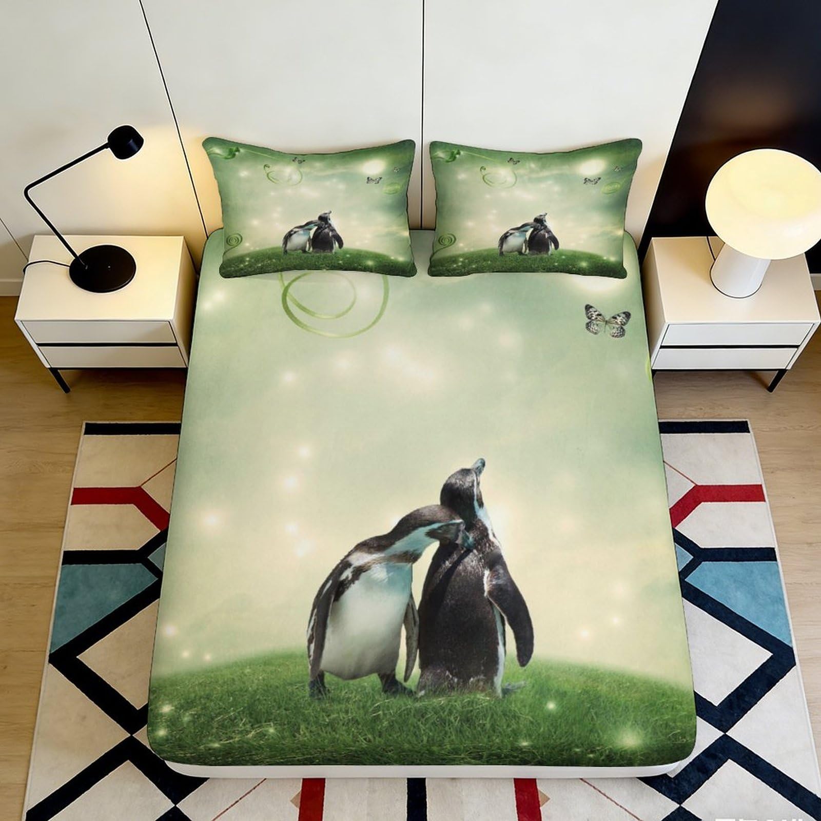 3D Printed Penguin Meadow Fitted Sheet Microfiber Anti-Slip Mattress Cover for Bedroom Dorm Easy Care Decor 200x200x25cm