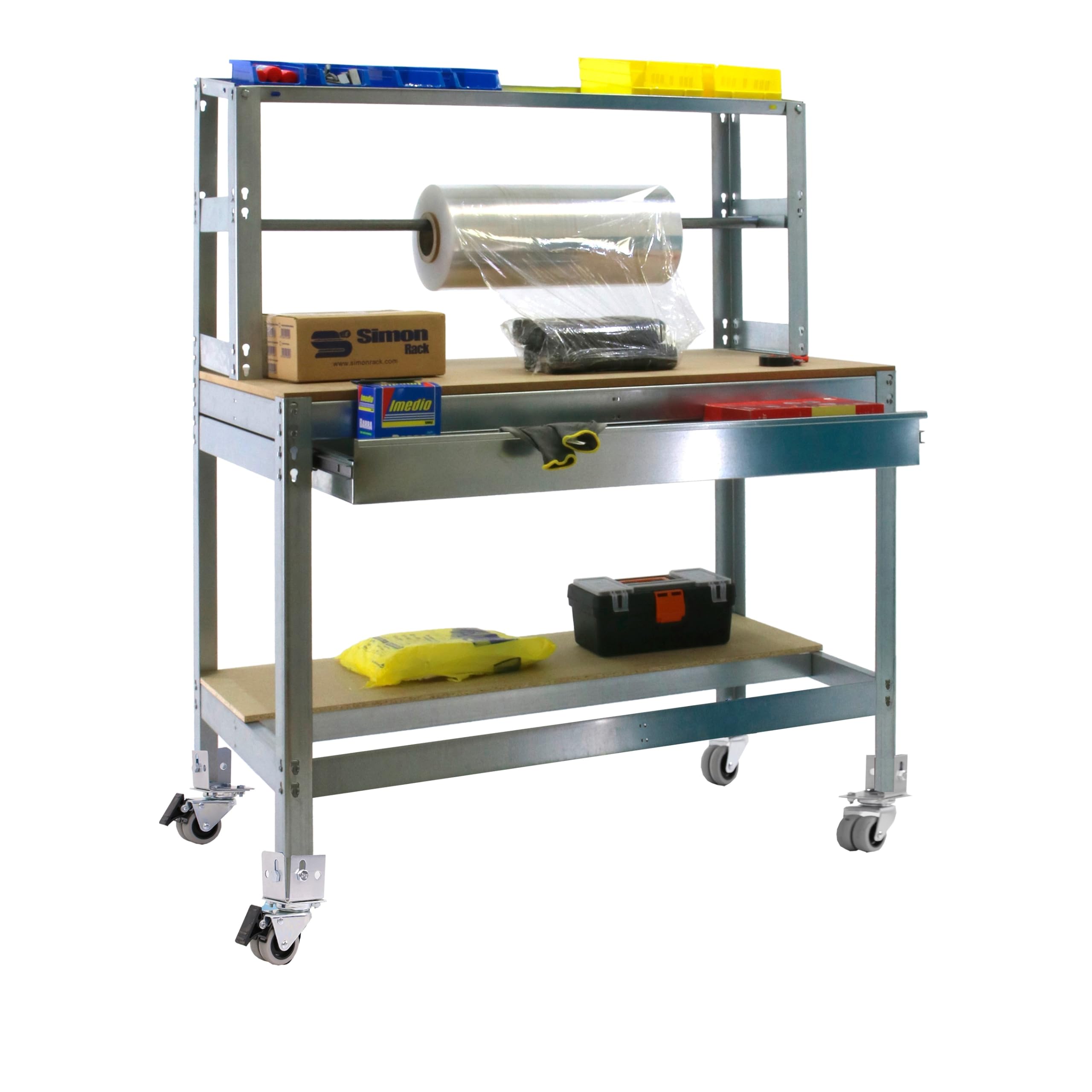 Simon Rack Banco de Trabajo Taller con Ruedas 1210x760 mm - BT4 | Porta Rollo y Cajón, Tablero madera 16 mm, Capacidad Carga 120 kg, Galva , Pintura anticorrosión, Montaje sistema clic