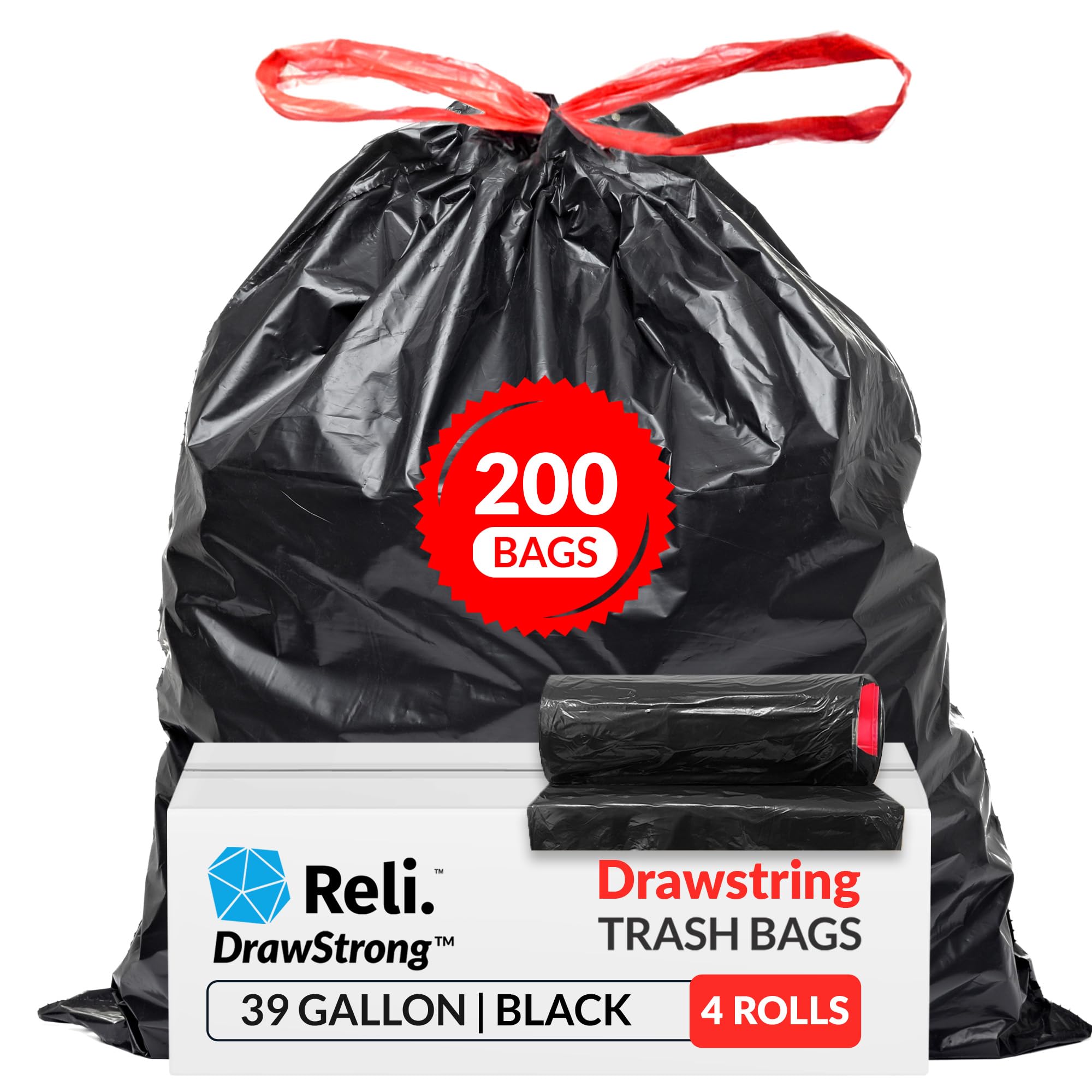 Reli. Black 39 Gallon Trash Bags Drawstring (200 Count Bulk) Large 39 Gallon Heavy Duty Drawstring Trash Bags - Garbage 39Gal Capacity, Lawn Leaf (39Gal)