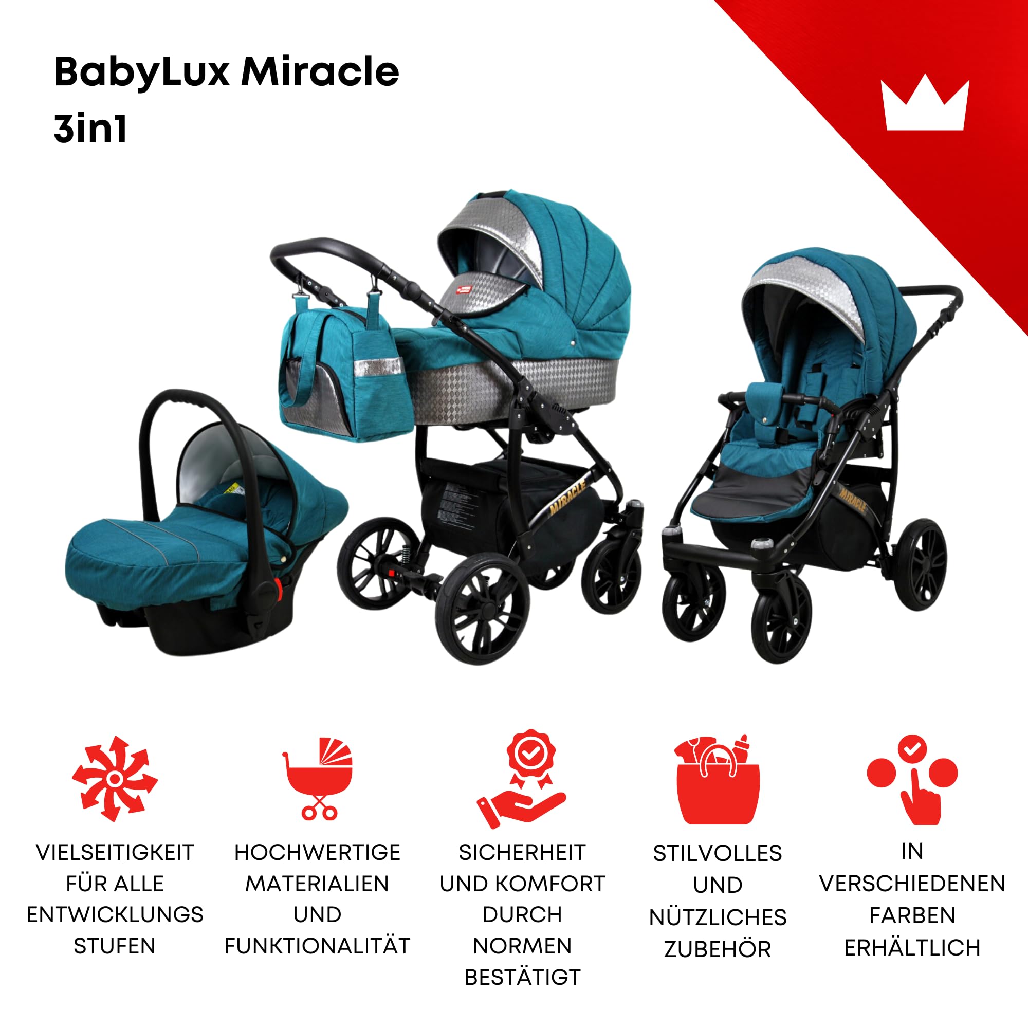 BabyLux® Carrito de Bebé Sistema de Viaje Set 3 en 1 - Miracle - incl. Capazo, Silla de Paseo, Silla Coche - Cochecito - con Bolso cambiador, Cubierta para la lluvia, Mosquitera etc.