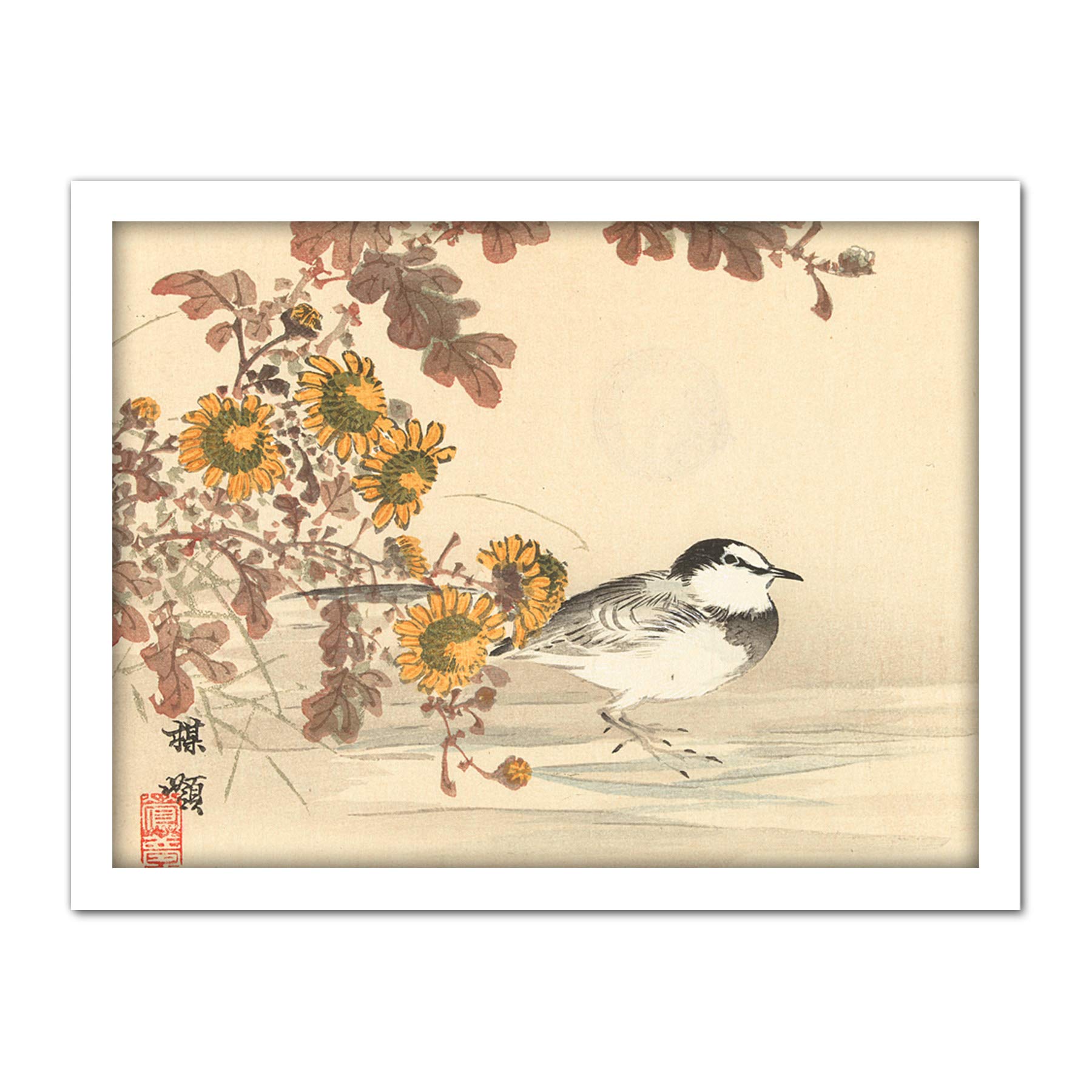 Artery8 Kono Bairei Wagtail Bird Flowers Japanese Woodblock Artwork Framed Wall Art Print 18X24 Inch