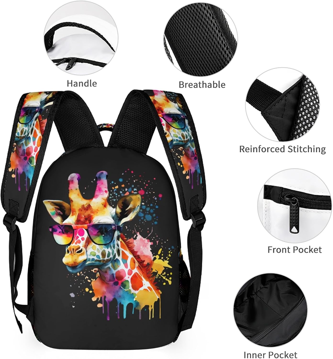 Giraffe Backpack for Kids Girls Boys School, 16 Inches Cute Giraffes Theme Bookbag, Adjustable, Lightweight, Large Capacity, Colorful Daily Casual Backpacks