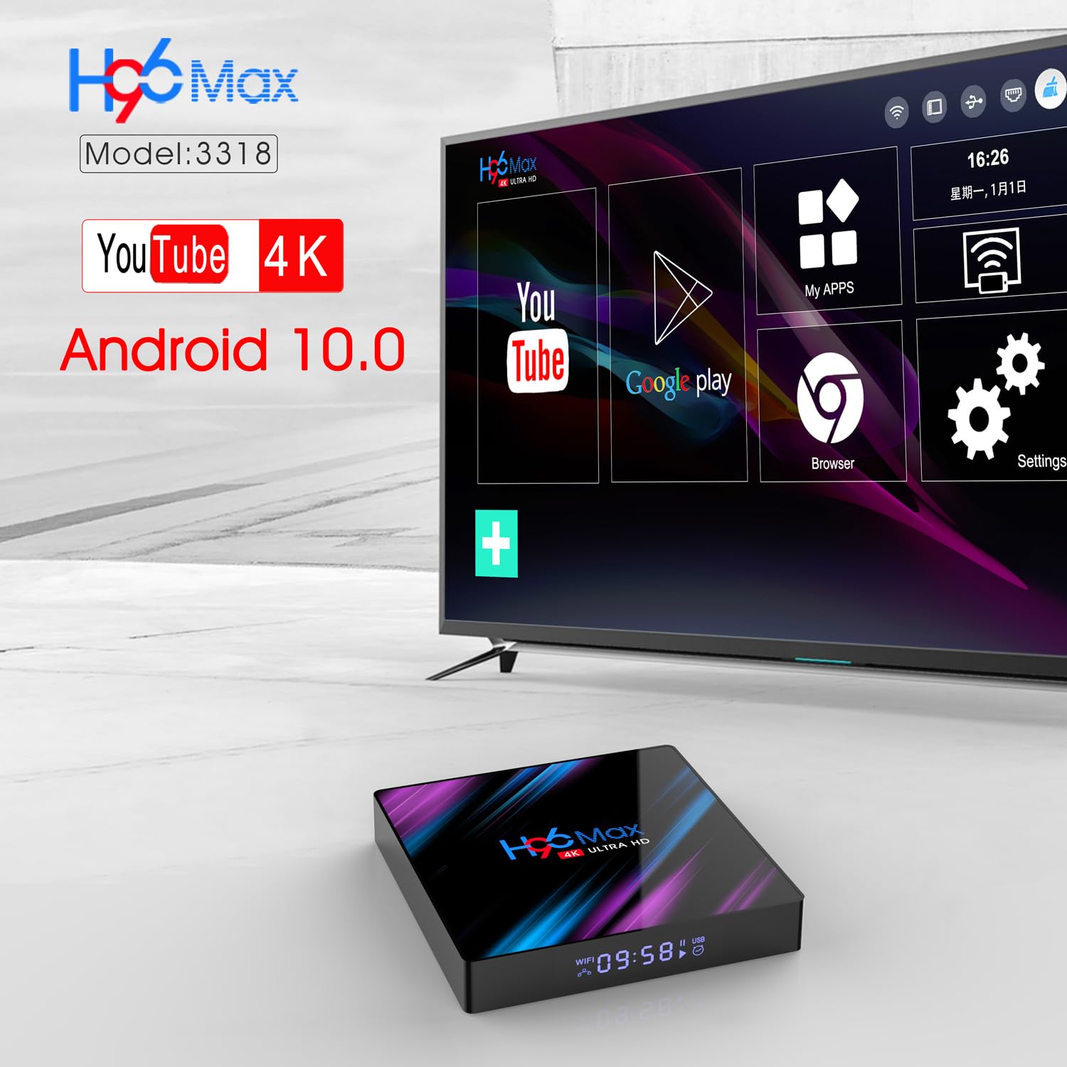 Xilibod H96Max Android 10.0 TV Box 4GB RAM 32GB ROM Mali 450 RK3318 Quad Core 64bit Cortex A53 2.4GHz/5GHz WiFi 100M DLAN Smart TV Box - Model No.: H96Max 4GB 32GB