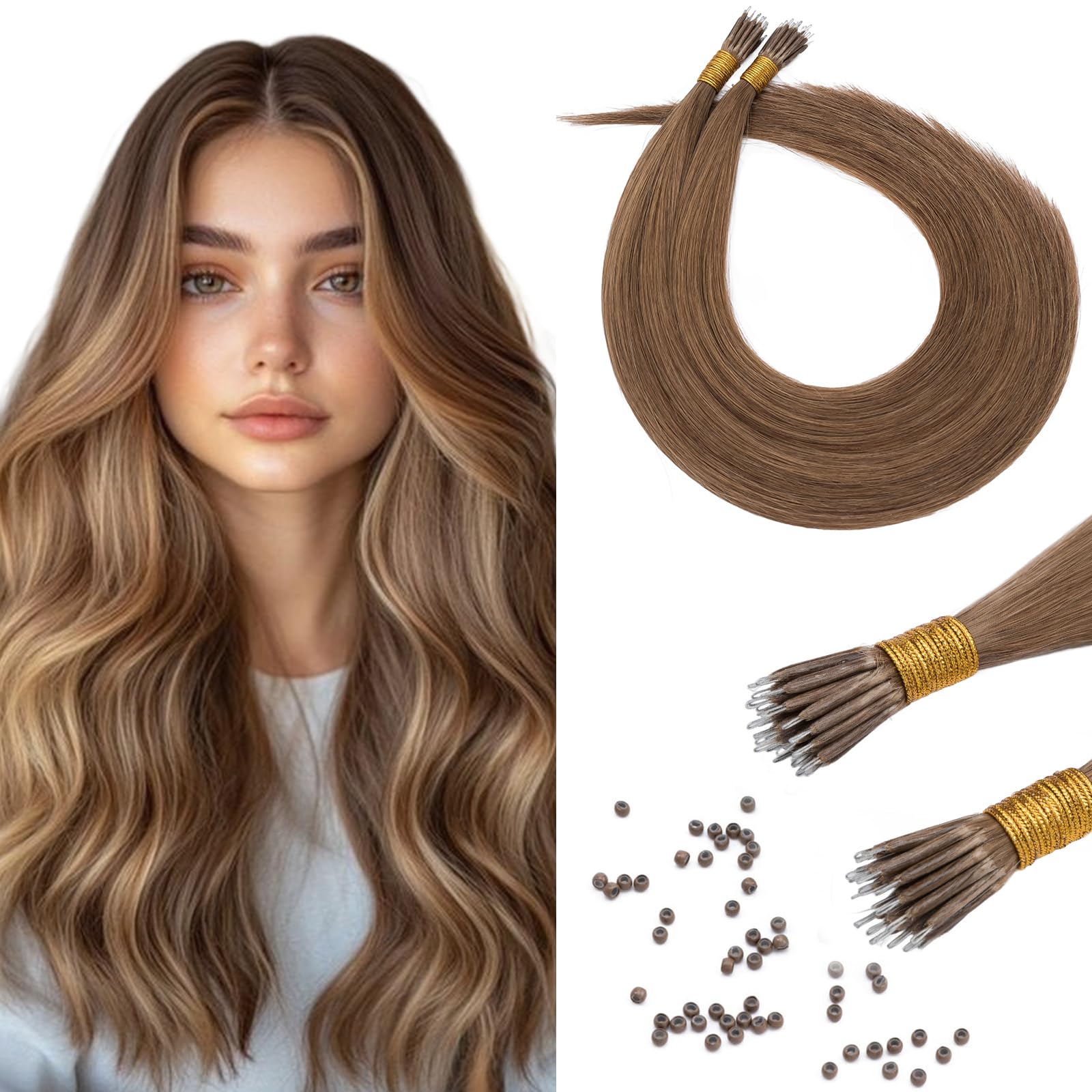 Benehair Nano Beads Hair Extensions Straight Remy 50g #6 Light Brown Real Human Nano Hair Extensions Invisible 14 Inches