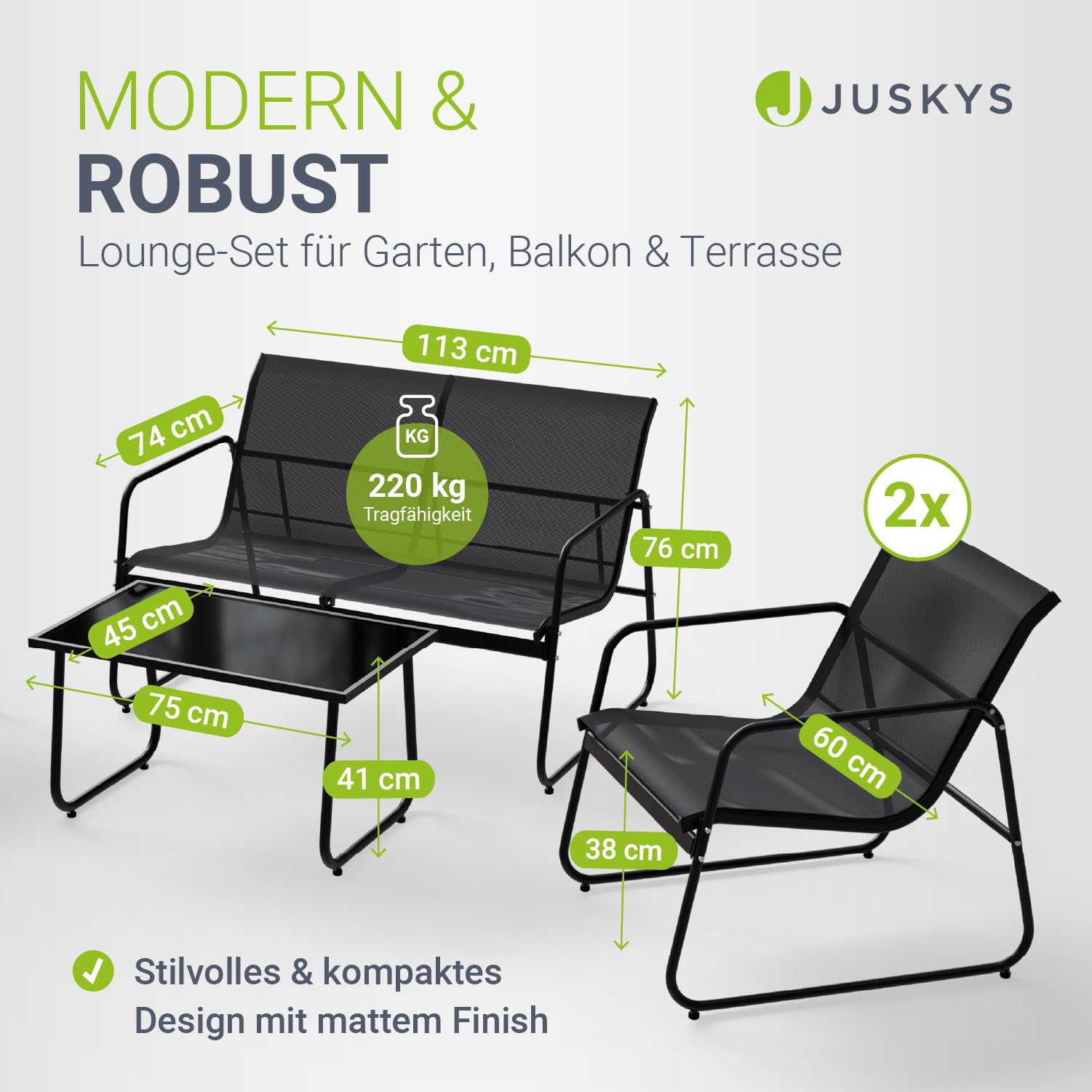 Juskys Gartenmöbelset Genua 4-TLG. – Anthrazit, Outdoor Sitzgruppe, Tisch & Bank, wetterfestes Textil, LongLife Stahlgestell
