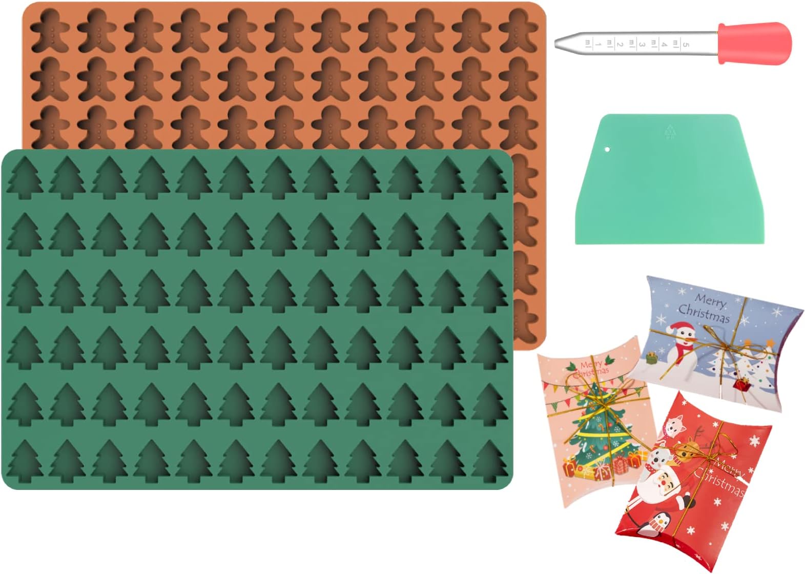2 Pack Christmas Silicone Moulds, 3D Non-Stick Mini Christmas Tree Silicone Moulds Gingerbread Man Candy Moulds for Baking Cookies Chocolate Gummy Jelly Ice Cube