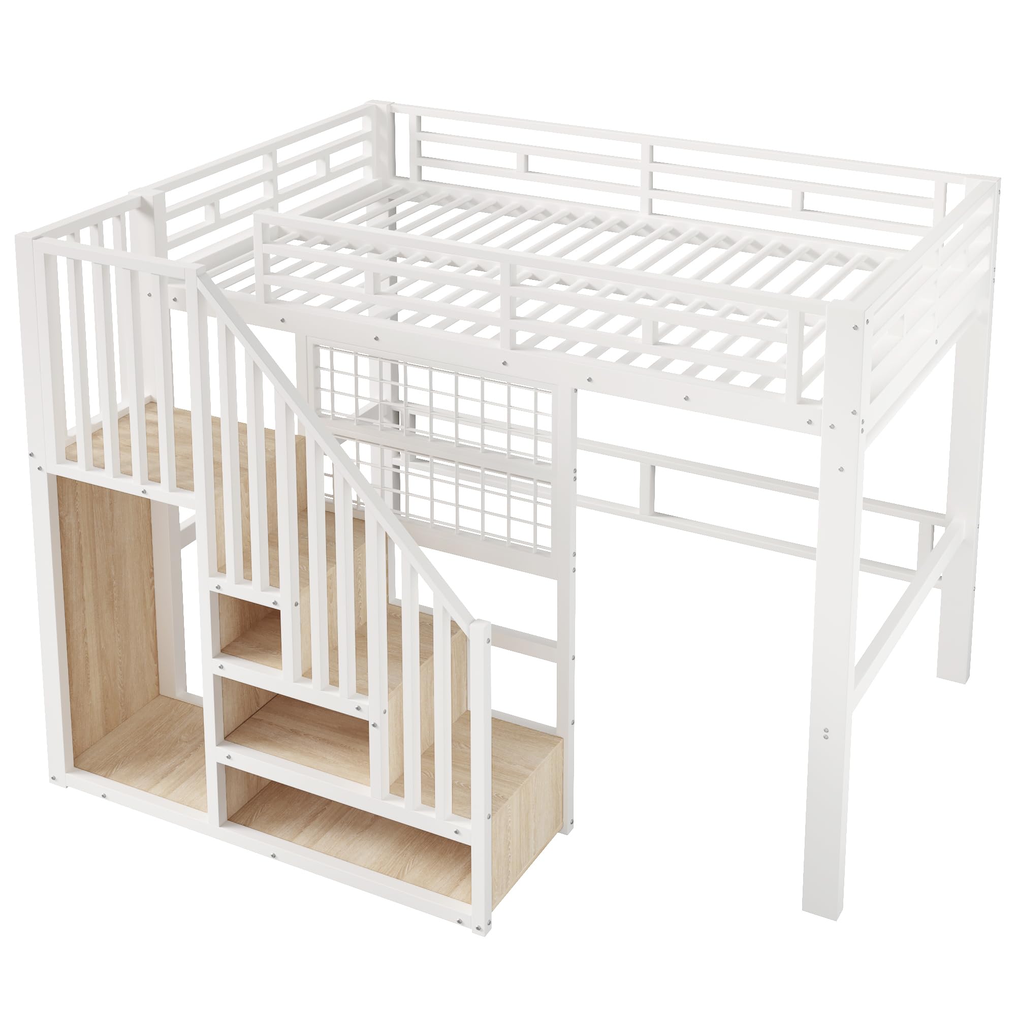 Merax Hochbett 140x200 cm mit Treppe und Stauraum, Metallbett Jugendbett mit LED-Beleuchtung, Gitterwand & Leinwand-Halterung, Platzsparendes Bettgestell (ohne Matratze & Leinwand), Weiß