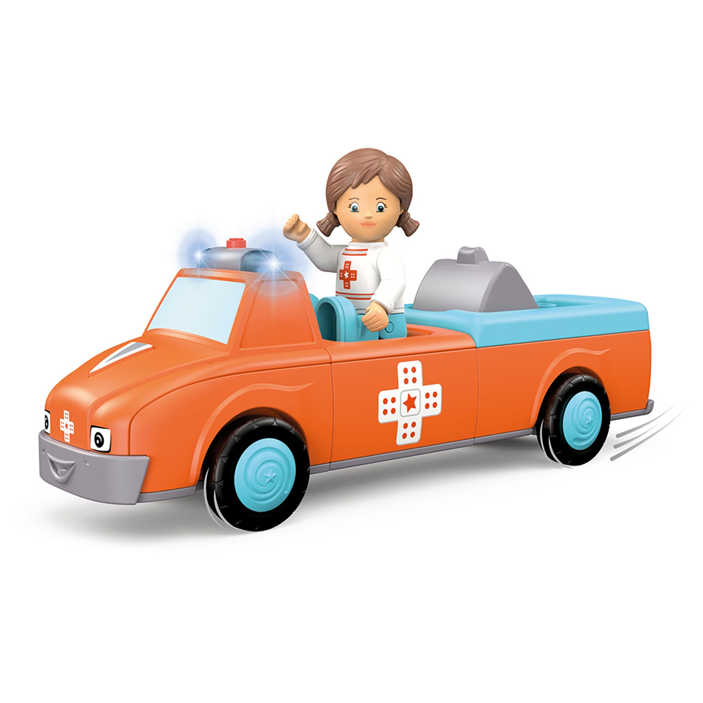 0145, Anna Amby, Ambulance composée de 3 pièces avec Son et Lumière, Peut être assemblée, Comprend une figurine mobile, Moteur à volant de haute qualité, Orange/bleu cile, dès 12 mois