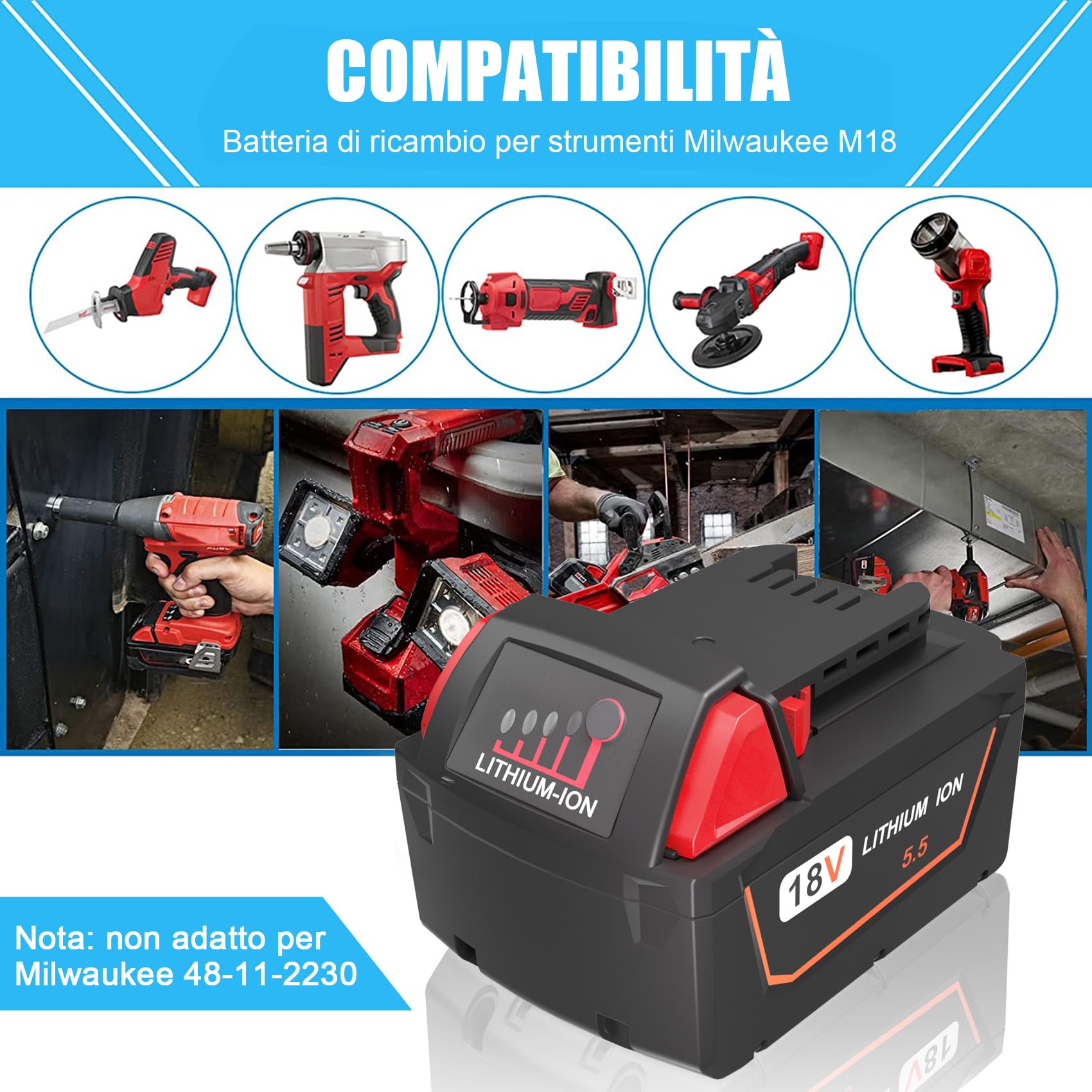 2 Pezzi 5.5Ah 18V Batterie di Ricambio per Milwaukee M18 Batteria | per Milwaukee 18 volt batterie 48-11-1840, 48-11-1828, 48-11-1820, 48-11-1815, 48-11-1850 con indicatore LED