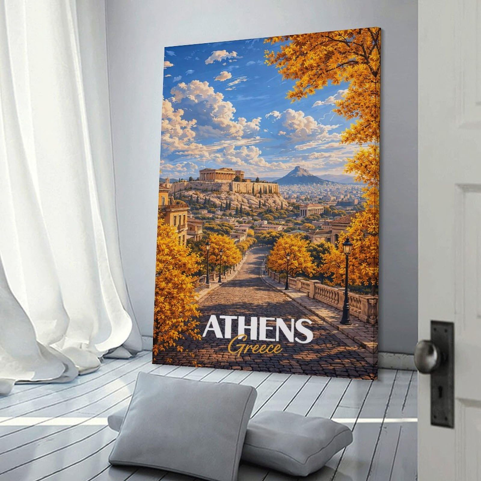 Junmoney Athens, Greece Golden Canvas Wall Art, 20x30inch(50x75cm), for Wall Displays, Bedrooms Or Room Updates, Ideal for Building A Coordinated Art Wall