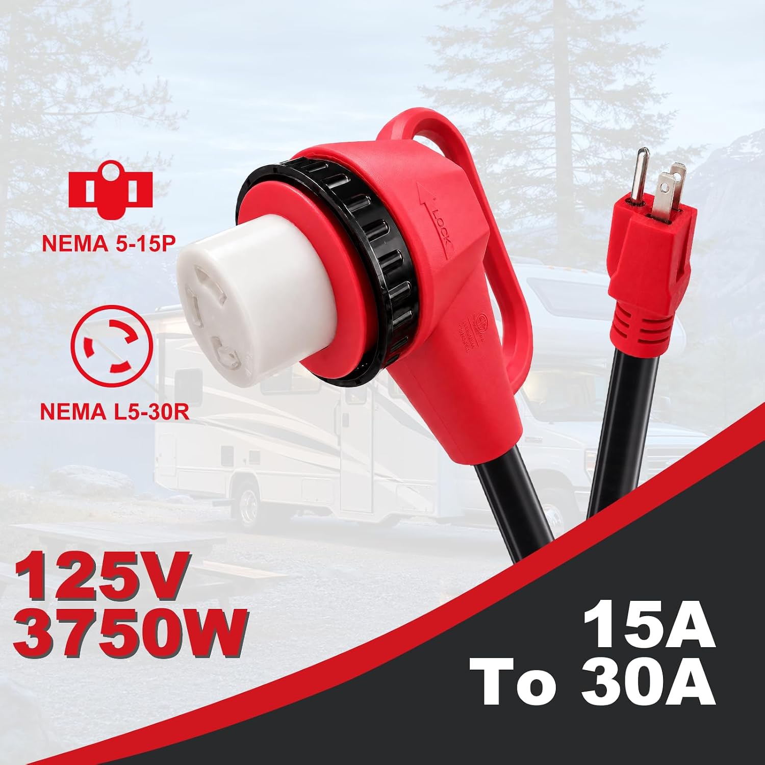 RV 30 Amp to 110 Adapter, NEMA 5-15P to L5-30R RV Electrical Adapter