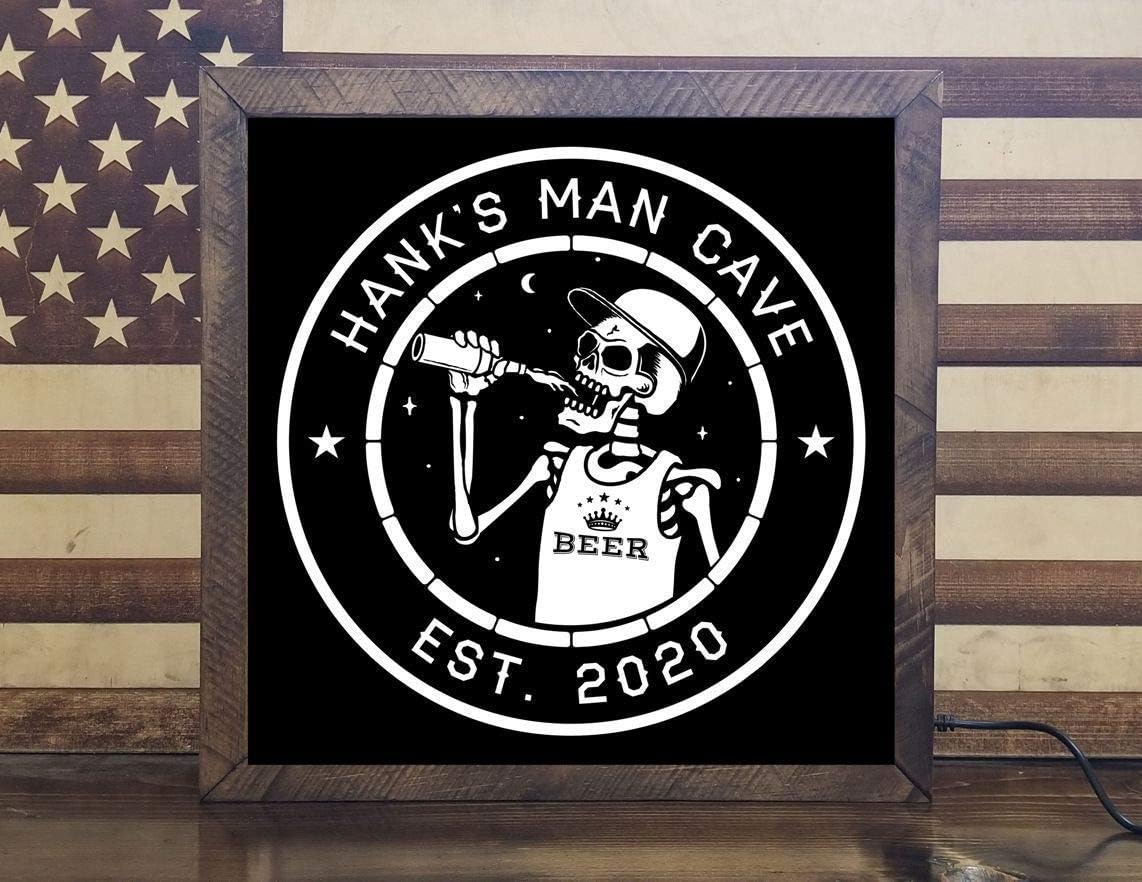 Personalized Beer Sign LED – Skeleton Bar Light for Man Cave Decor – 12x12 Wood Frame - RGB -Remote Control by Bones & Smoke Co