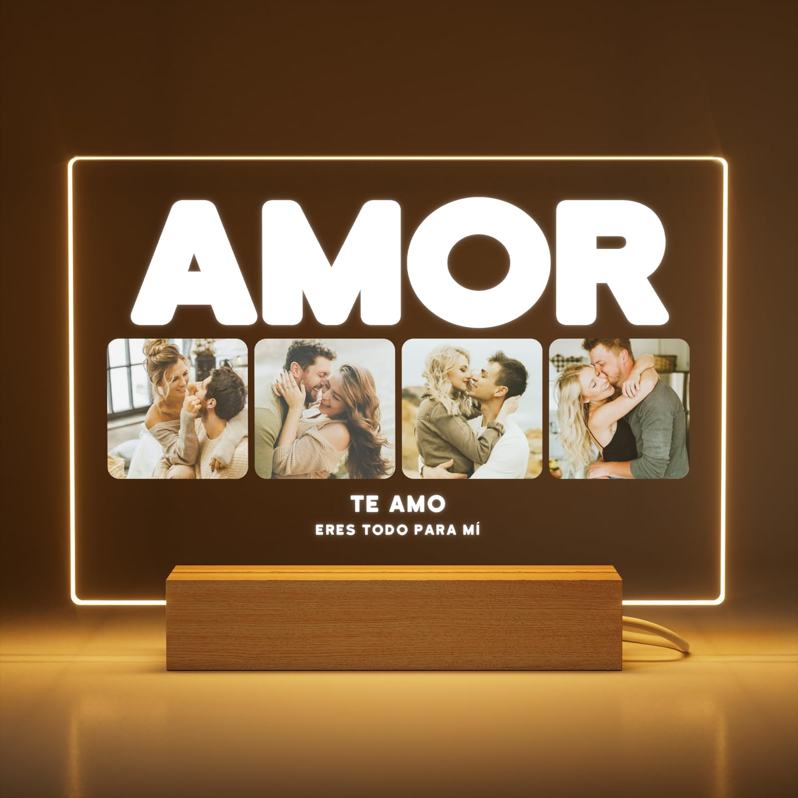 Greatminer Marco Personalizado Amor con Fotos y Frase - Regalo Original para Parejas, San Valentín, Aniversario - Metacrilato 18x14cm con Base LED Opcional