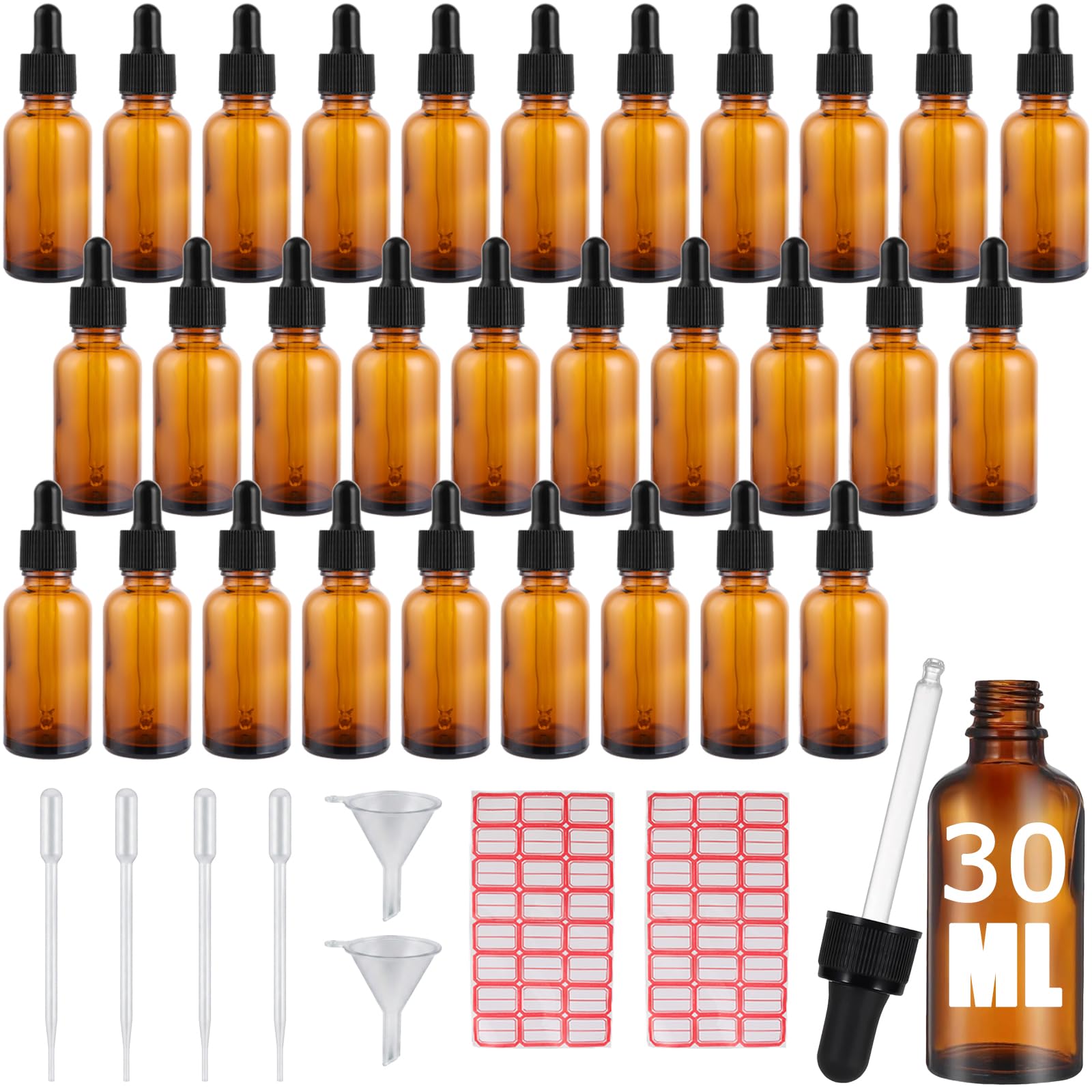 Flacon pipette 30ml en verre ambré SHUESS (lot de 30) avec accessoires