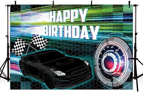 Vista 43 de MEHOFOND Telón de fondo de feliz cumpleaños de carreras de autos de 7 x 5 pies, fondo dorado de fiesta de coche de carreras para niños, decoración