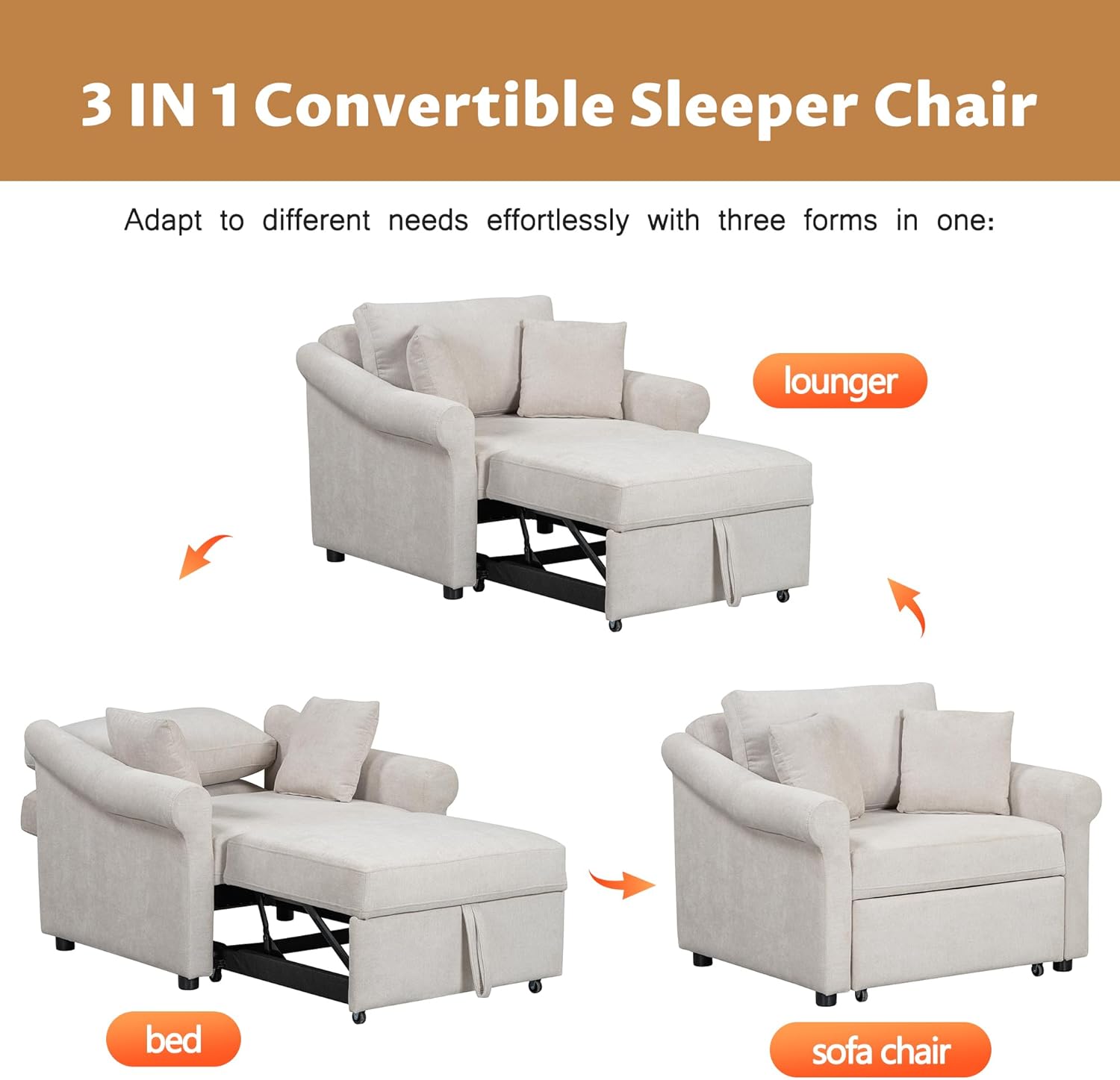 LUMISOL 3 in 1 Convertible Sleeper Chair, Pull Out Sofa Bed With Adjustable Backrest, 2 Throw Pillows, Chenille Single Sleeper for Living Room, Small Space, Beige