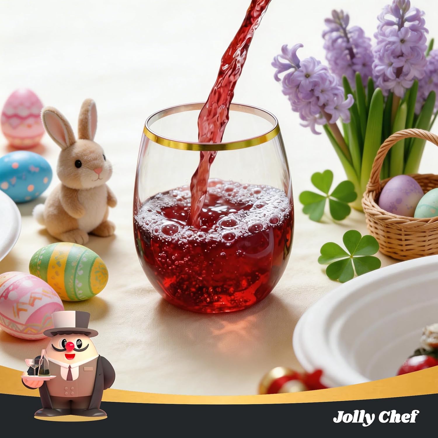 JOLLY CHEF 32 Pack 12oz Gold Plastic Wine Glasses Stemless, Disposable Wine Cupsty, Disposable Plastic Wine Cups for Party, Halloween, Christmas, Thanksgiving