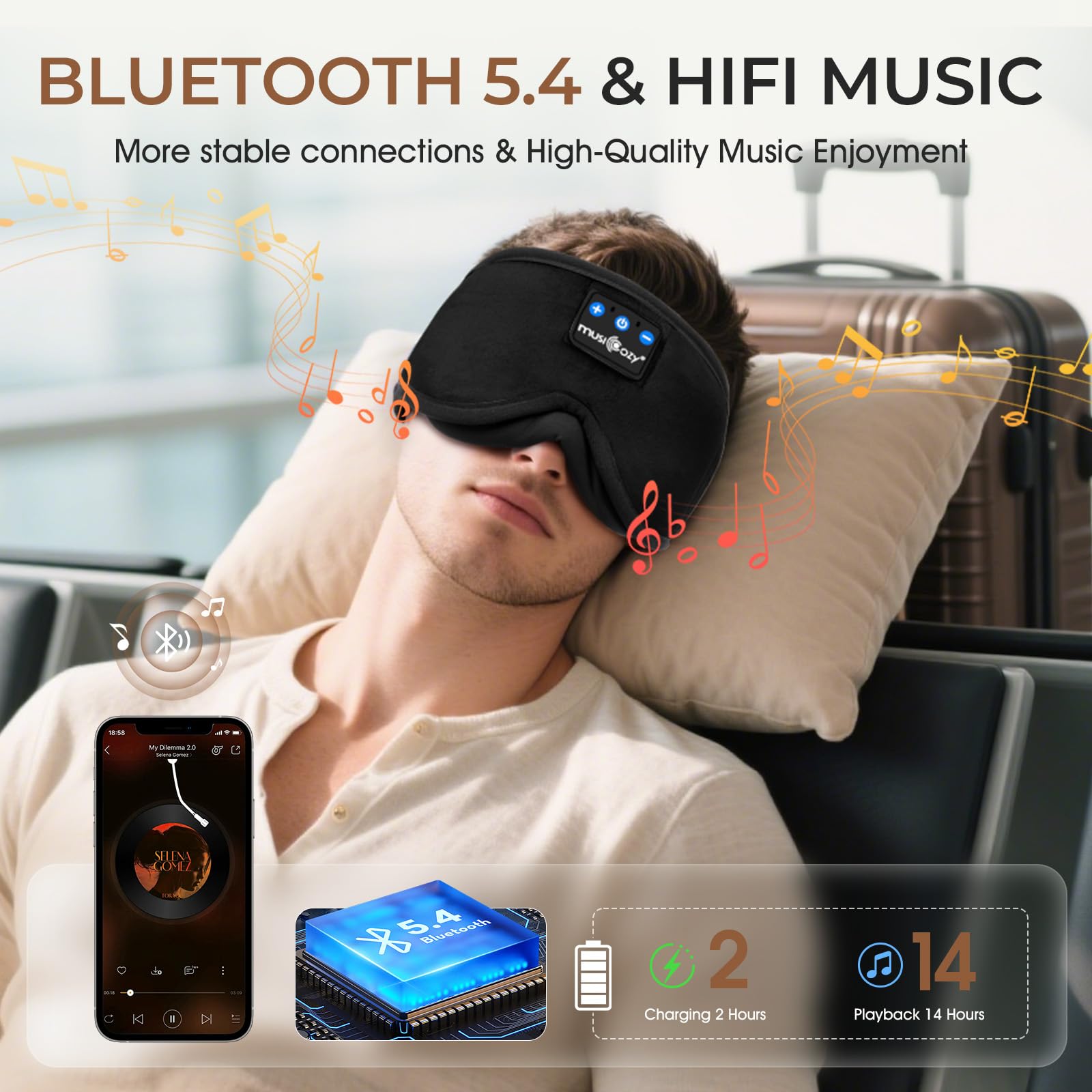 Musicozy Mascherina per dormire con cuffie Bluetooth, morbida maschera per gli occhi per dormire/rilassarsi, 100% oscurante, con cuffie, per viaggio/meditazione/yoga, regalo unisex per uomini e donne