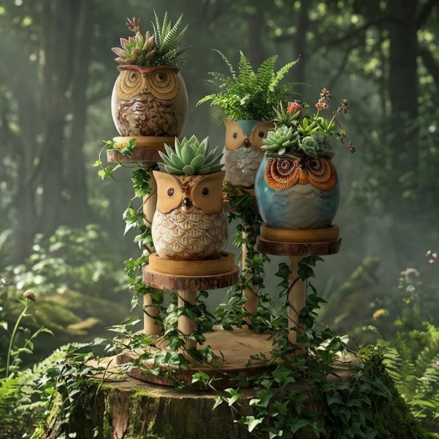 2.5"mini ceramic Cute Owl Animal Succulent Flower Pot Outdoor Bamboo Wooden Small Planter Stand Gift Set for Home,Office,Living Room,Bedroom Decoration,Windowsill,Indoor Desk,Kitchen Decor (4 Tier)
