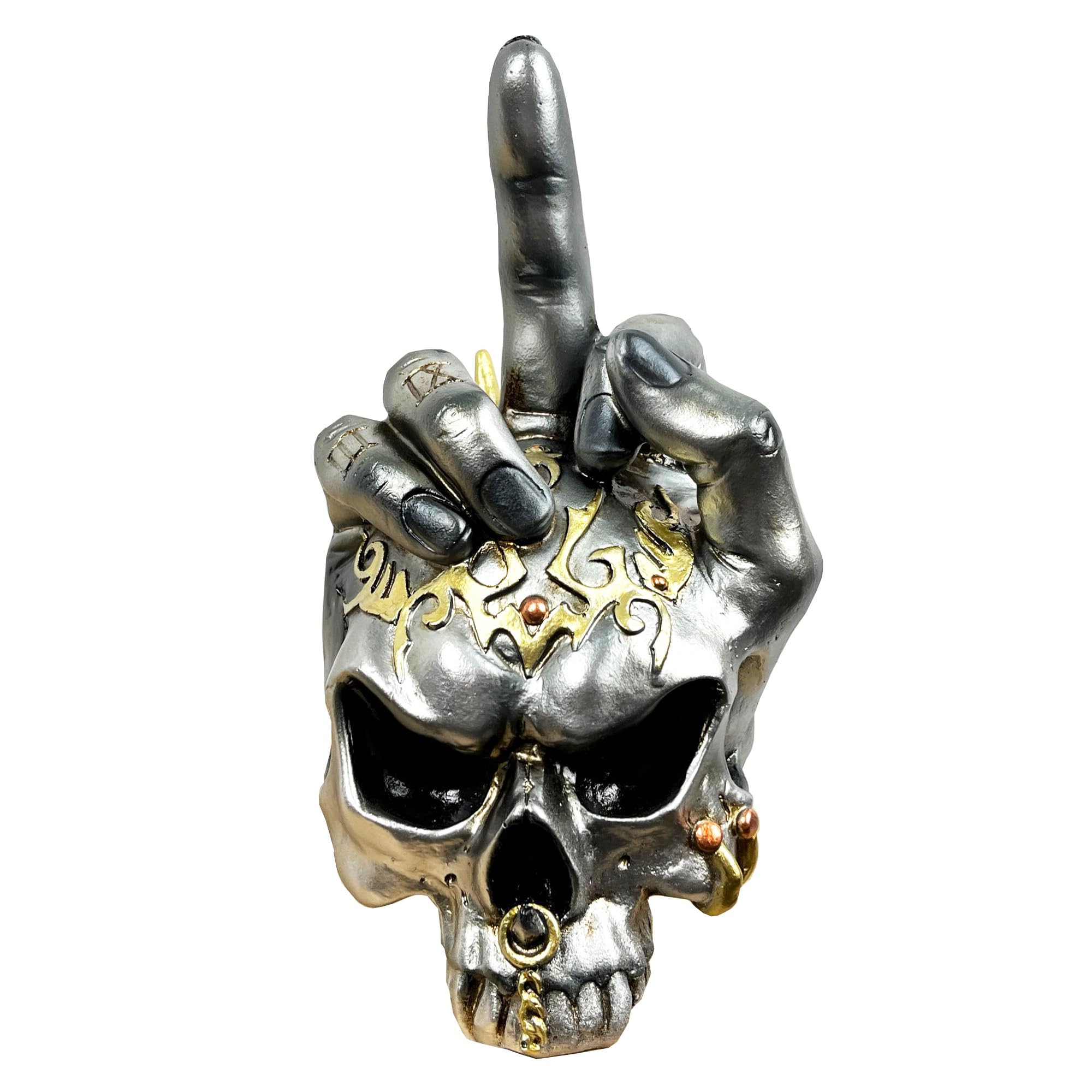 Alfie Francis Men's Silver 18.5Cm Tall Middle Finger Skull Ornat Statue Sculpture Unusual Home Decor