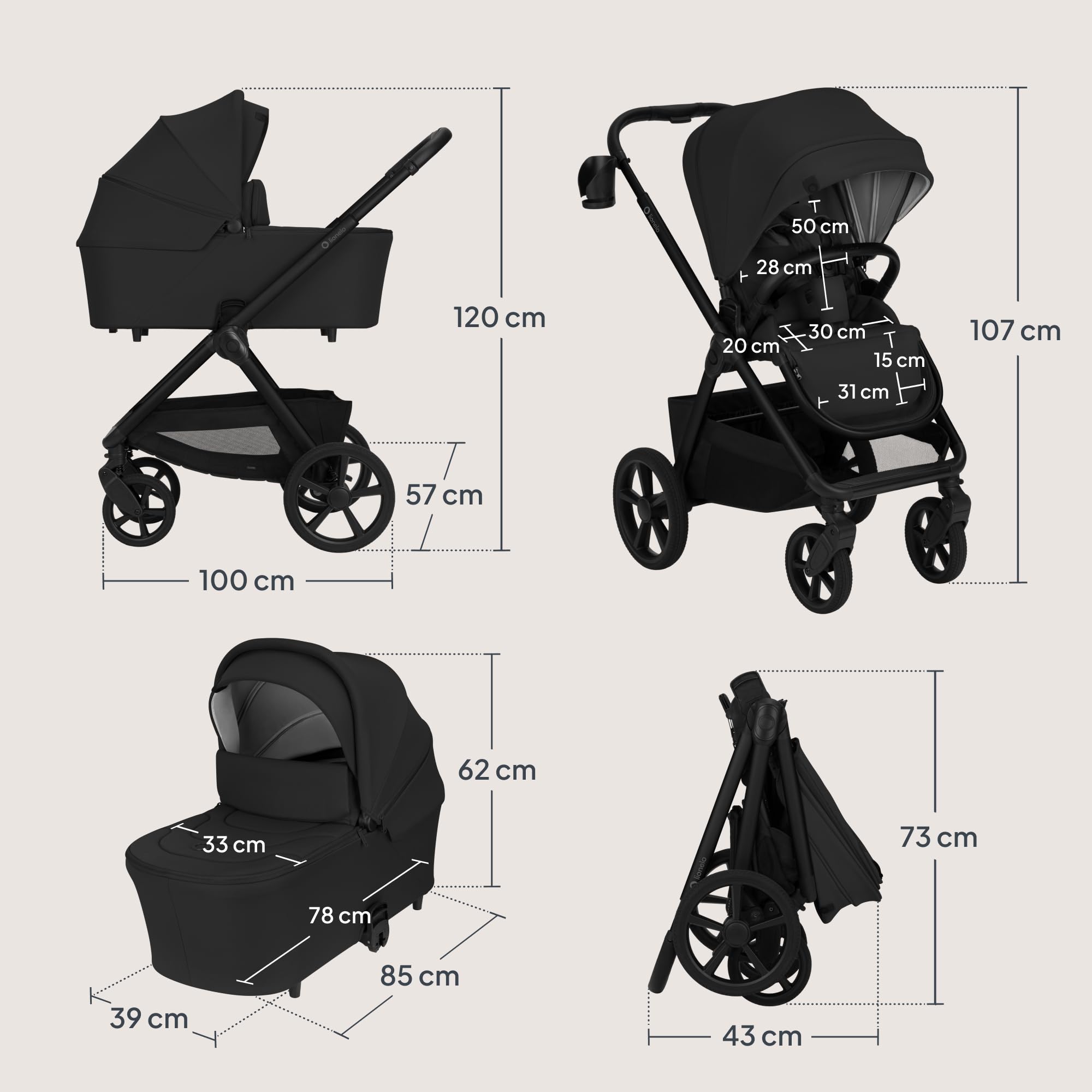 LIONELO Carmine Passeggino 2 in 1 con Navicella per Bambini fino a 22 kg | 0-4 Anni, Seduta Reversibile, Ruote GravelTech, Ammortizzazione, Posizione Distesa, UPF50+, Ventilazione, Fibbia Magnetica