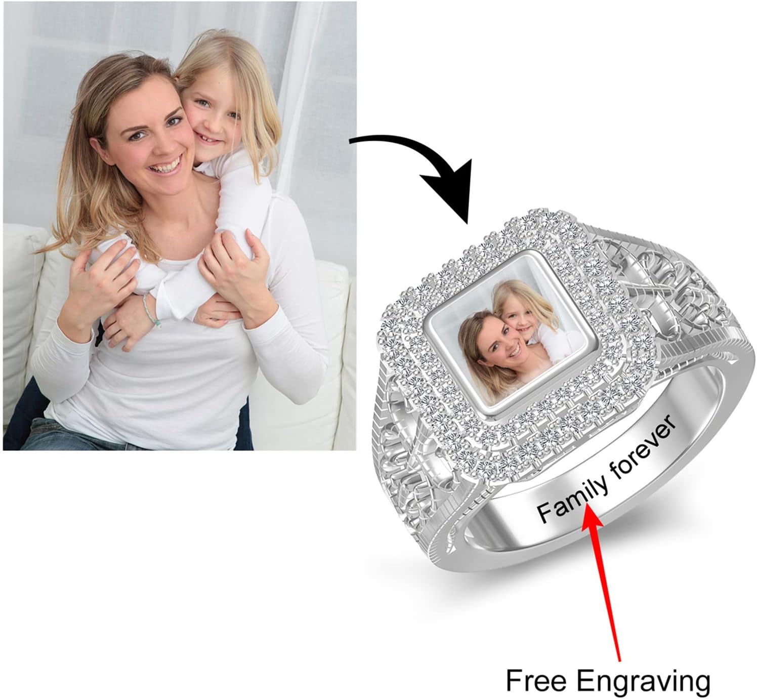 Customized Photo Ring Square/Heart Chunky Band Ring 925 Sterling Silver Personalized Picture Ring Promise Rings Anniversary Jewelry Gift For Her Women Inside Engraving