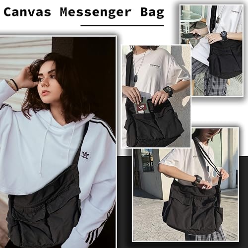 Miniatura 2 de Bolso bandolera de lona grande con múltiples bolsillos, bolsa de hombro casual para mujeres y hombres