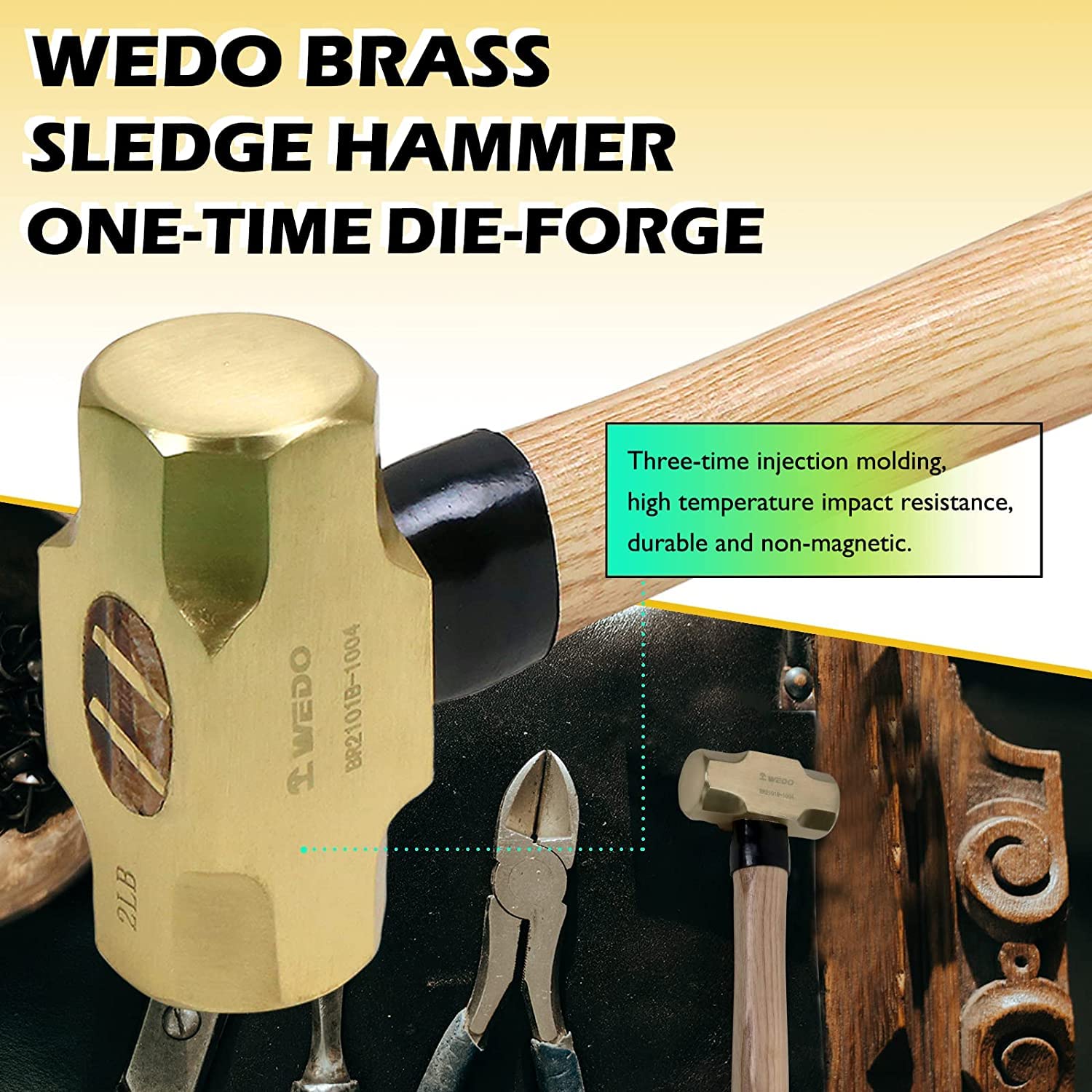 WEDO Martillo con mango de madera, cabeza de martillo de latón 2lb, 320 mm de longitud