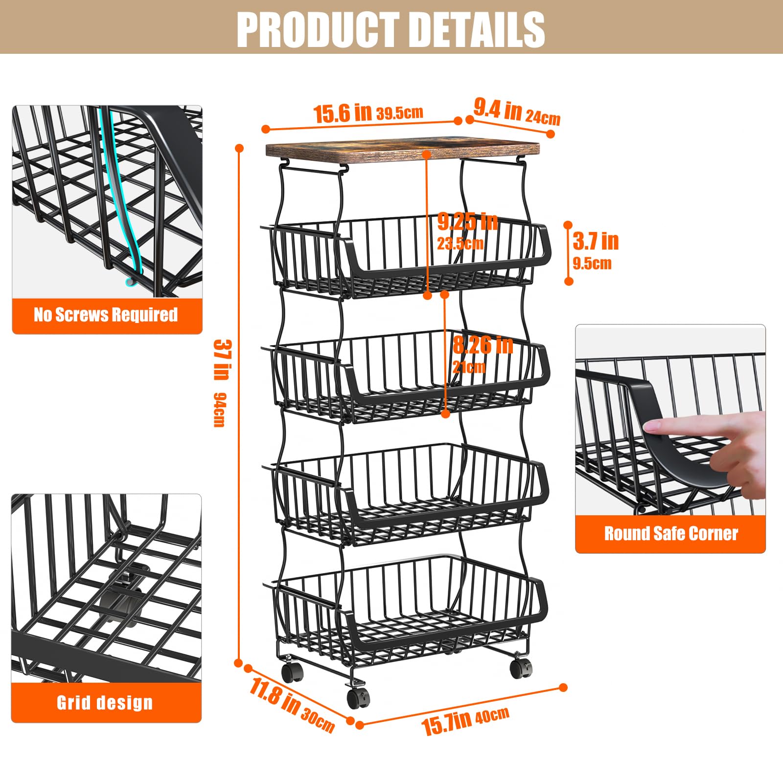 5-Tier Küchenwagen mit Rollen, Gemüseregal mit Holzplatte, Aufbewahrungskorb mit Rädern, vielseitiger Küchen-Organizer für Obst, Gemüse, Snacks und mehr für Küche, Vorratsraum, Büro