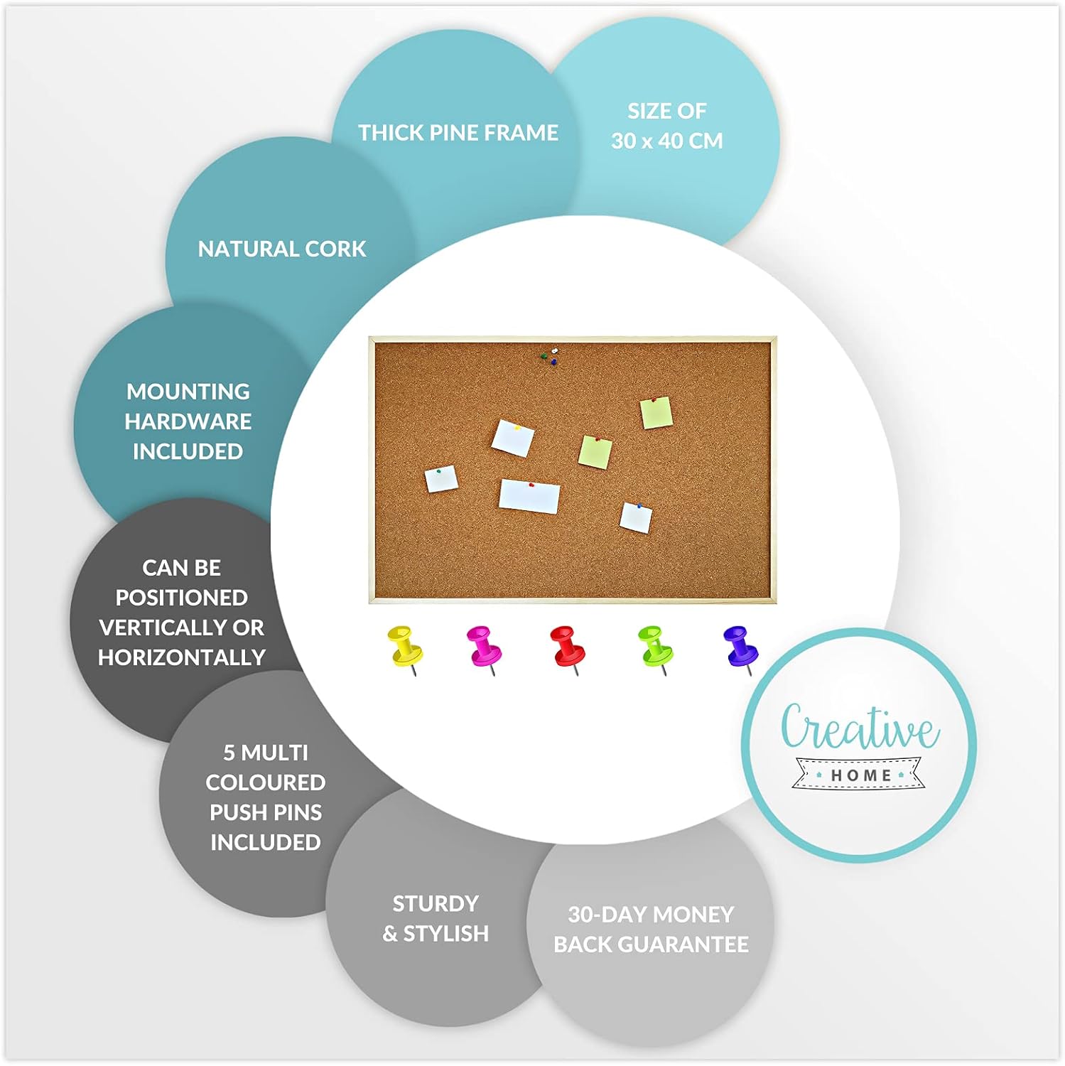 Creative Home 11.81 x 15.74 in (+- 0.7 in) Cork Pin Notice Board | Wooden Pine Frame | 5 Push Pins Included | Perfect Corkboard for Office, Home, Kitchen, Bedroom, School, Cafe