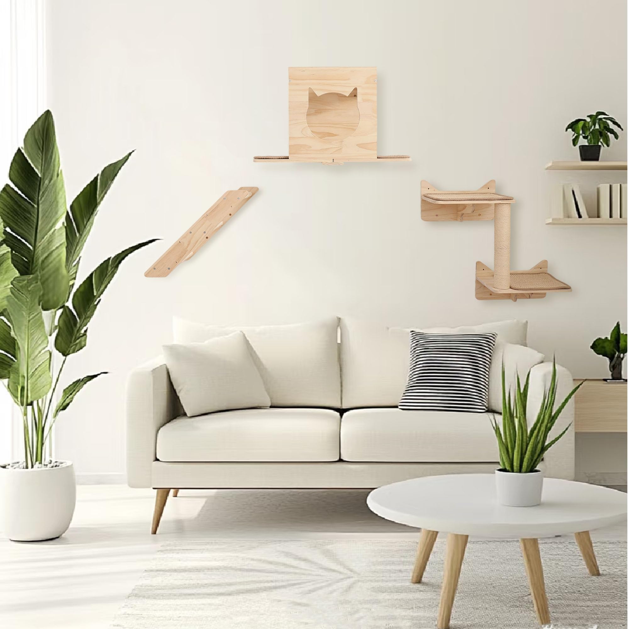 Set di mensole da parete per gatti, con casa, tiragraffi in sisal, gradini per arrampicarsi, in legno massello, per interni, design salvaspazio