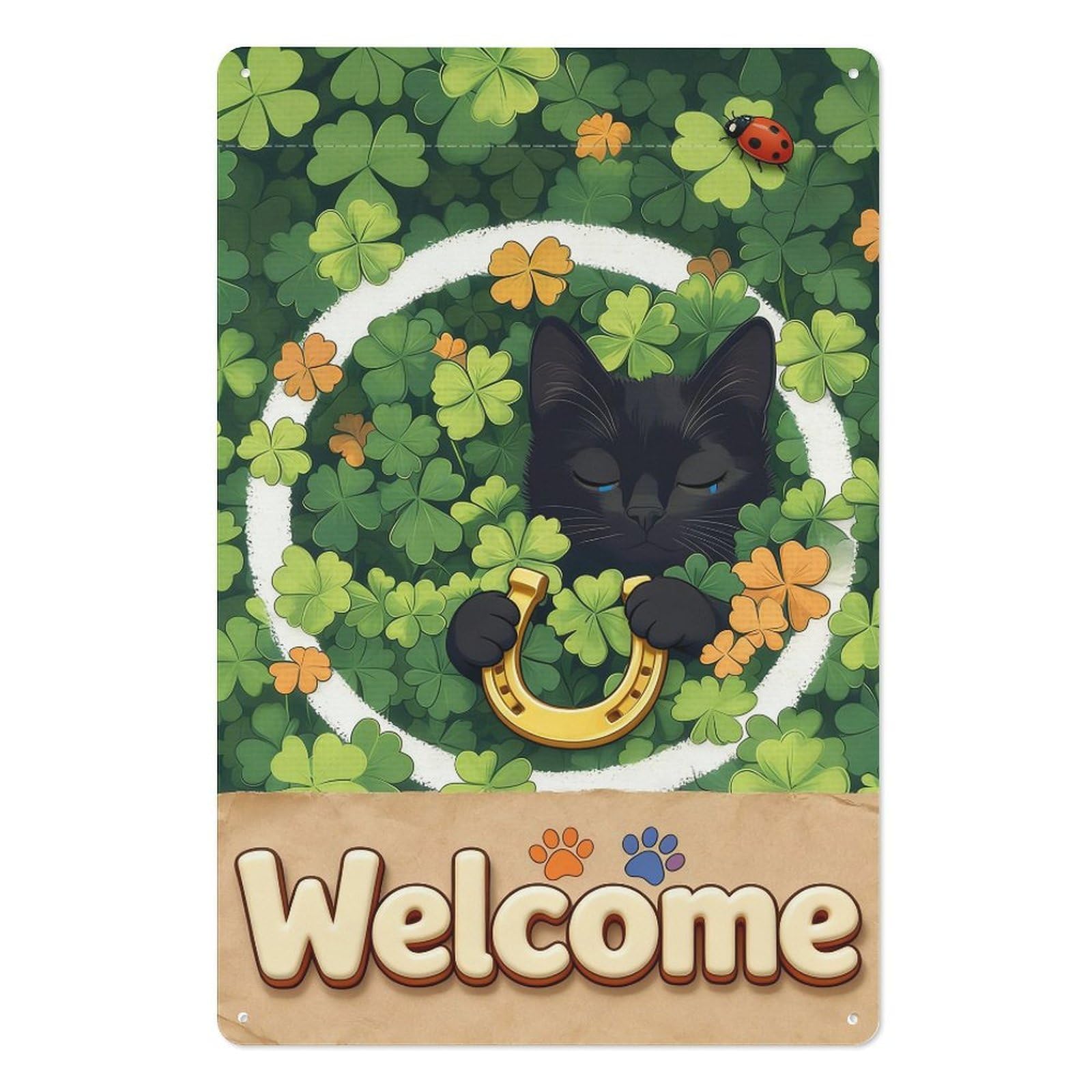 peiyeety 8x12 Inch St. Patrick's Day Metal Tin Sign – Lucky Black Cat Holding Horseshoe Wall Art Plaque with Clover, Ladybug & Paw Prints, Vintage Irish Pub, Bar, Home, Kitchen Decor