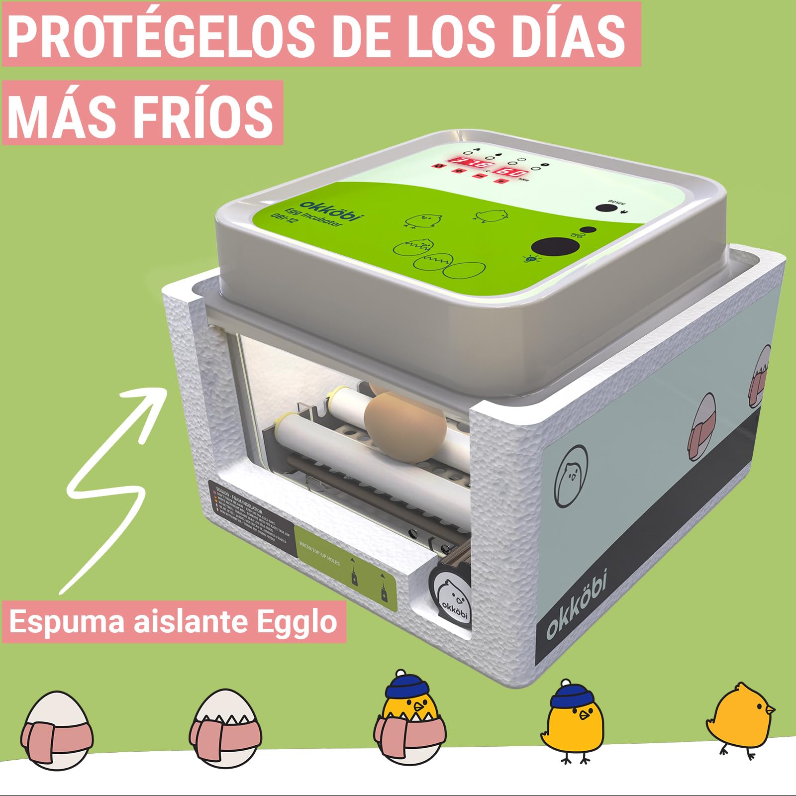 Incubadora Huevos Gallina 12 - Ideal para Todas Las Edades - Incubadoras de Huevos Automaticas - Volteo Automático y Control de Humedad -Ovoscopio Integrado - Okköbi Obi-12 - Blanco Verde