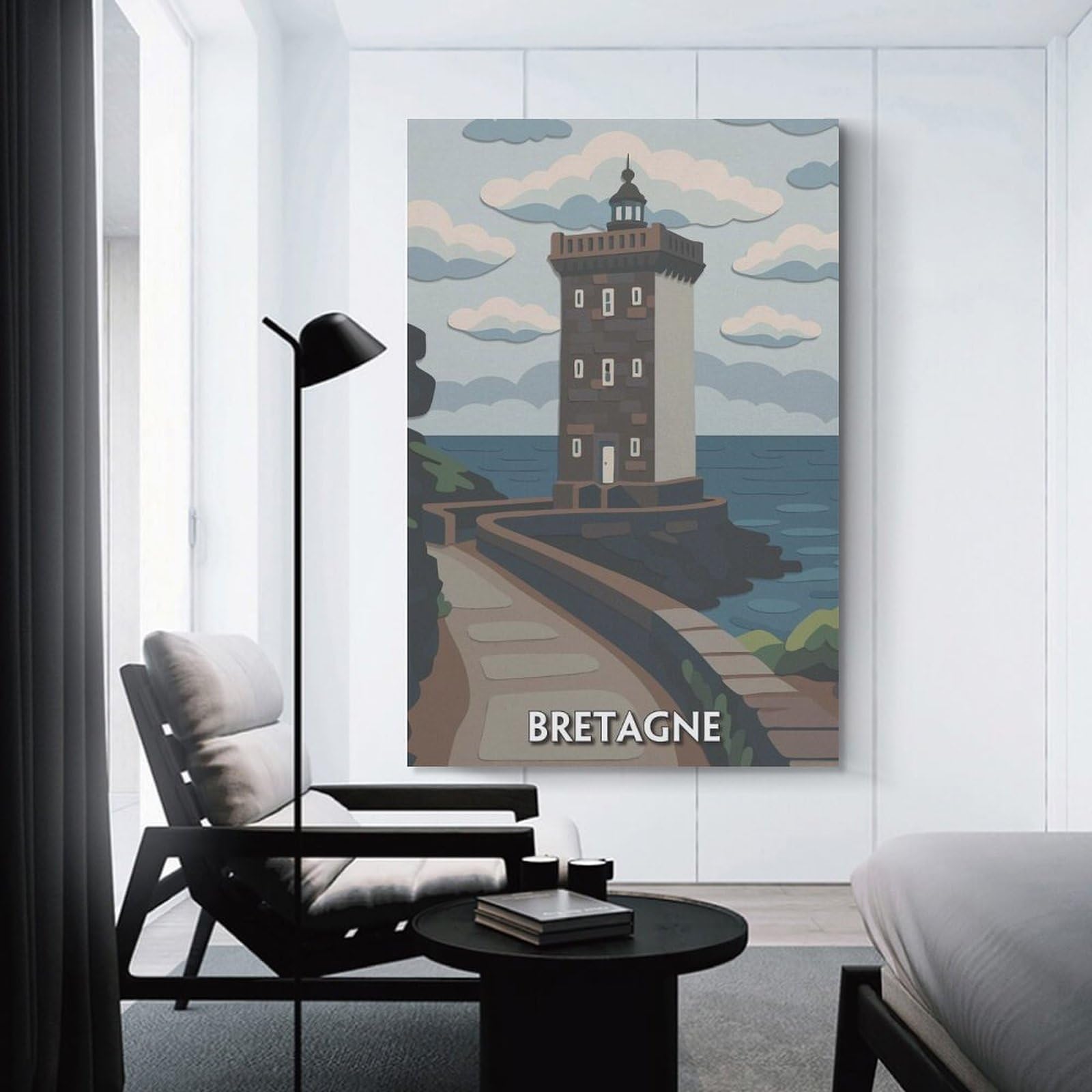 Junmoney Bretagne Lighthouse Paper Cutout Illustration Canvas Wall Decor 20x30inch(50x75cm), for Calm Bedrooms, Home Corners Or Flats, A Warm Accent for Relaxed Interiors