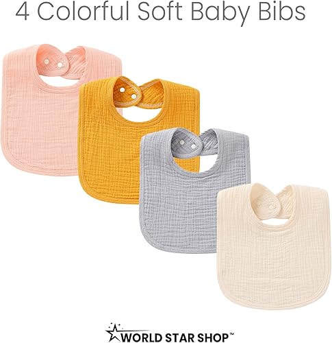 Miniatura 3 de World Star Shop Juego de (4) baberos coloridos de muselina 100% algodón, con broches dobles para 3 tamaños, para alimentación, para babear.