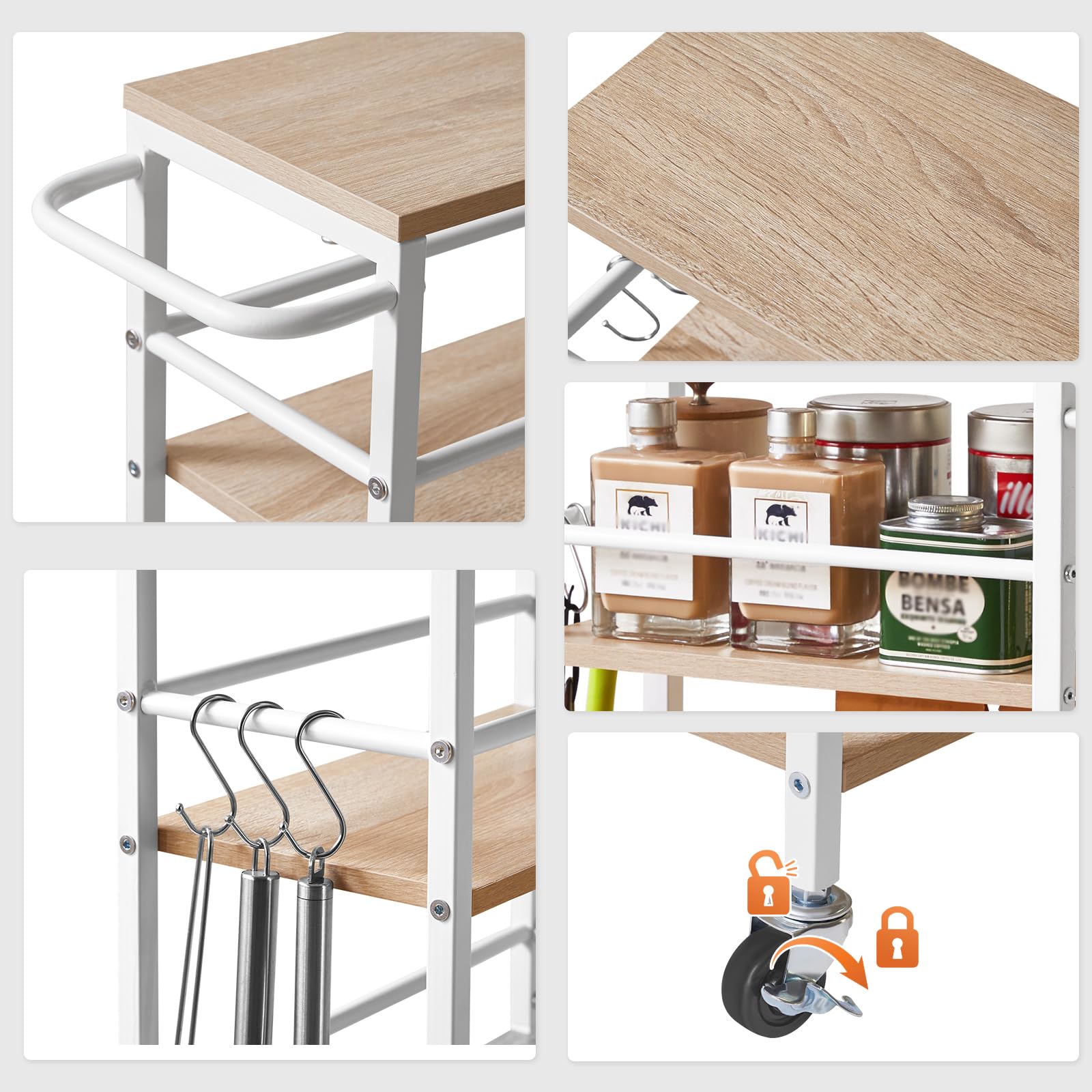 IBUYKE Küchenwagen schmal 20cm breit,Metall Rollwagen 4 Ebenen,Nischenregal auf Rollen,mit Griff und hölzerne Tischplatte,für Küche, Bad,Wohnzimmer, Arbeitszimmer,Natürlich TMJ065R