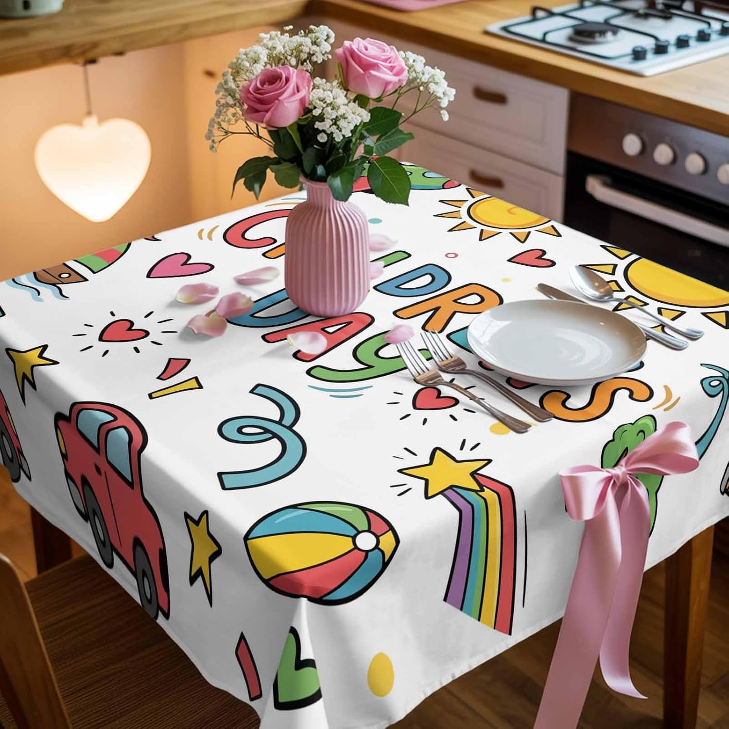 Children's Day Waterproof Table Cloth Cartoon Sun Castle Boat Truck Leather Ball Love Waterproof & Wrinkle Table Cover, Washable Polyester Soft Fabric Table Cloth for Outdoor Indoor Parties