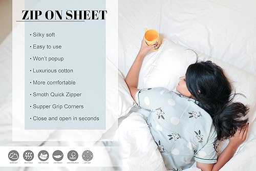 Miniatura 3 de Sábana bajera con cremallera, fundas de almohada tamaño Queen, fundas de almohada estándar de algodón egipcio, súper suaves y transpirables para
