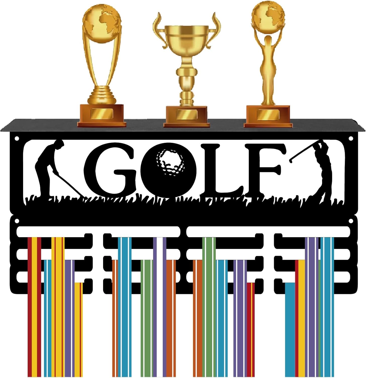 CREATCABIN Golf Medal Hanger Display Trophy Shelf Medal Holder with Shelf Stand Sports 4 Rows Metal Hanging Wall Mount Frame Hold 70+ Medals for Dance Competition Ribbon Medals Rack 15.7x7.9Inch