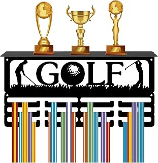 CREATCABIN Golf Medal Hanger Display Trophy Shelf Medal Holder with Shelf Stand Sports 4 Rows Metal Hanging Wall Mount Frame Hold 70+ Medals for Dance Competition Ribbon Medals Rack 15.7x7.9Inch