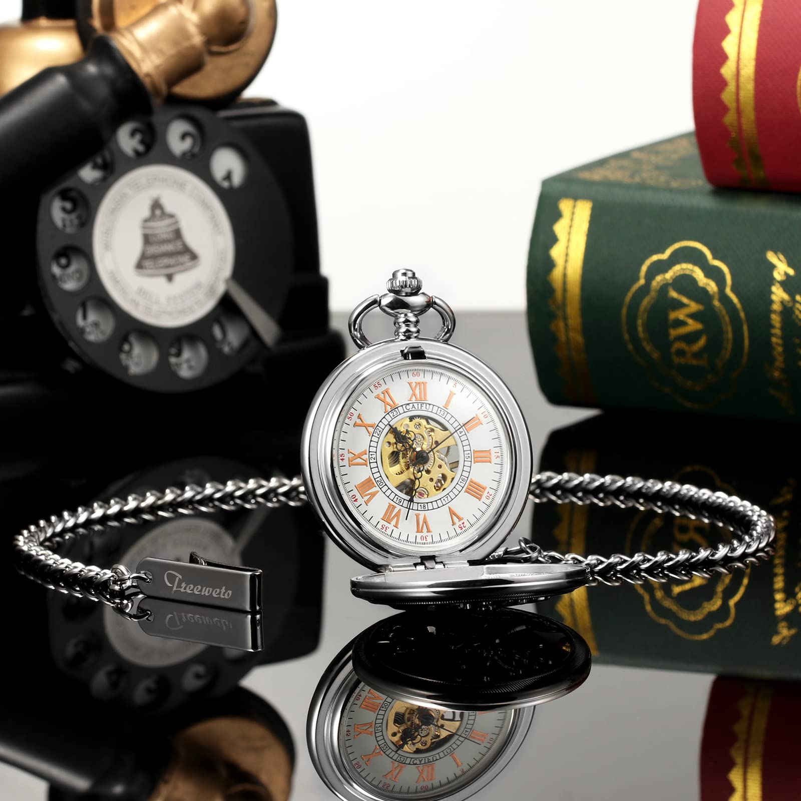 TREEWETO Orologio da tasca da uomo con renna e cervo per uomo e festa del papà, orologio meccanico vintage - anniversario per lui uomini marito, Argento