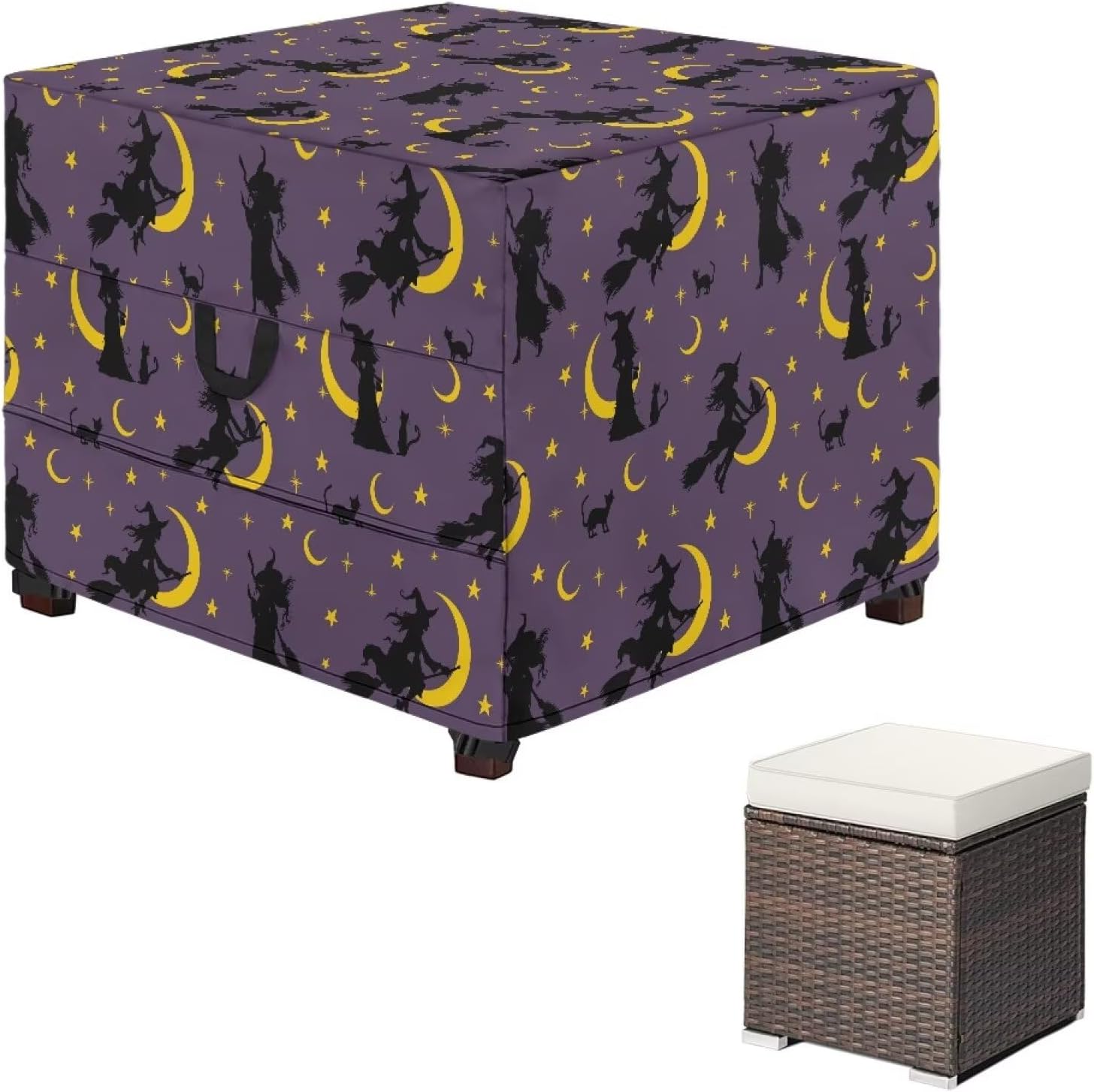 Square Patio Ottoman Cover Halloween Witch Moon Waterproof Outdoor Ottoman Covers with Handles Heavy Duty Footstool Cover Patio Furniture Covers