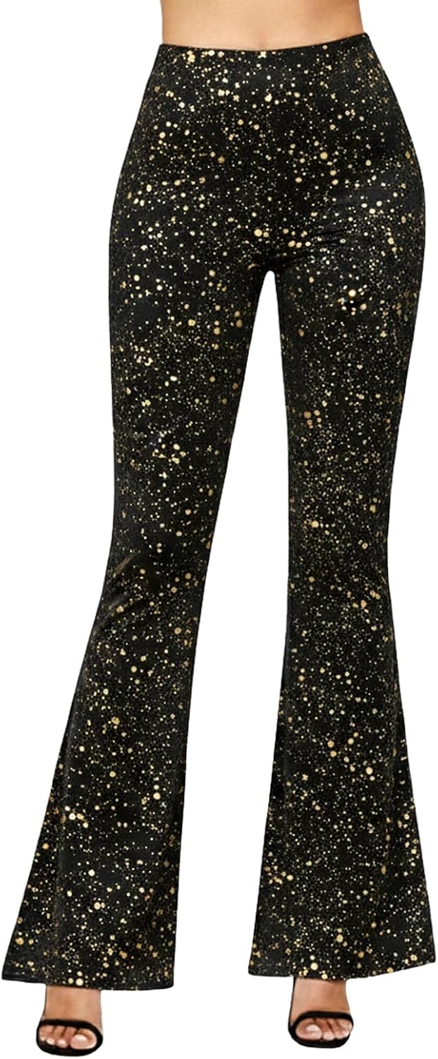 Women's Sparkly Flare Leggings, High Waisted Sparkle Bell Bottoms Pants Party Trousers for Club Night Out