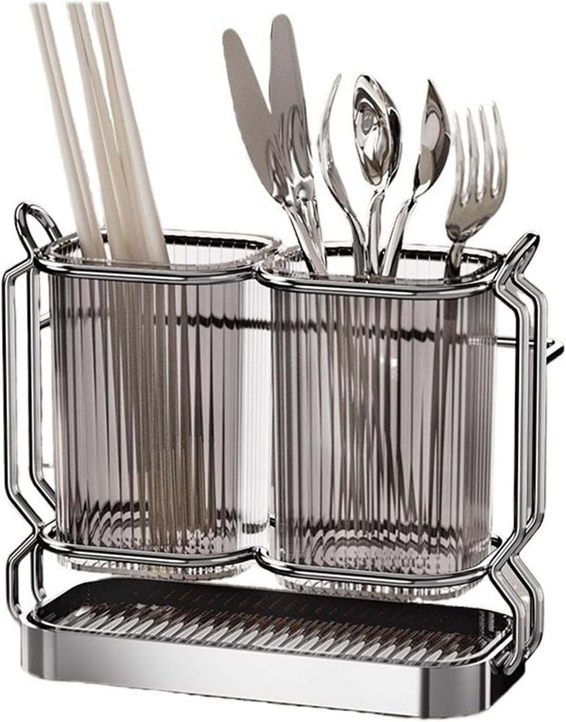 Utensil Holder Utensil Holder with 2 Compartments and Stainless steel Rack, Wall Mounted/Countertop Utensil Caddy Organizer with Removable Drain Tray, Gray Kitchen Utensils Organizer