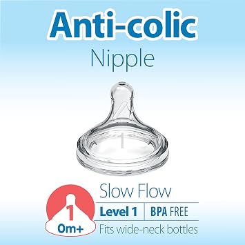 Dr. Brown's Natural Flow Level 1, Wide-Neck Baby Bottle Nipple, Slow Flow, 100% Silicone, 0m+, 2 Count (Pack of 1)