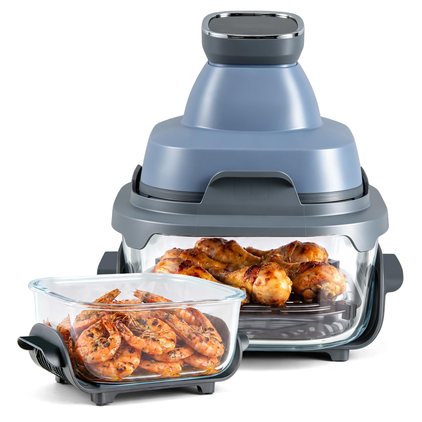 LIFEZEAL Friggitrice ad Aria 4L, 1500 W, 6 programmi, Friggitrice Aria con 2 Contenitori Vetro Rimovibili, Timer, Accessori Lavabili in Lavastoviglie, Portatile per Cucina Casa, Camping (Blu)