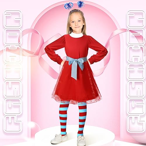 Miniatura 2 de Disfraz de rayas rojas y azules para niñas, vestido sólido de manga larga con calentador de cinturón, calcetines altos hasta la rodilla a rayas