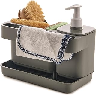 Snips Riordinello Grey Sponge Holder with Dispenser, Sink Organiser Grey, Storage Box for Utensil 12L x 18W x 21H cm, Made in Italy, 0% BPA & Phthalate Free
