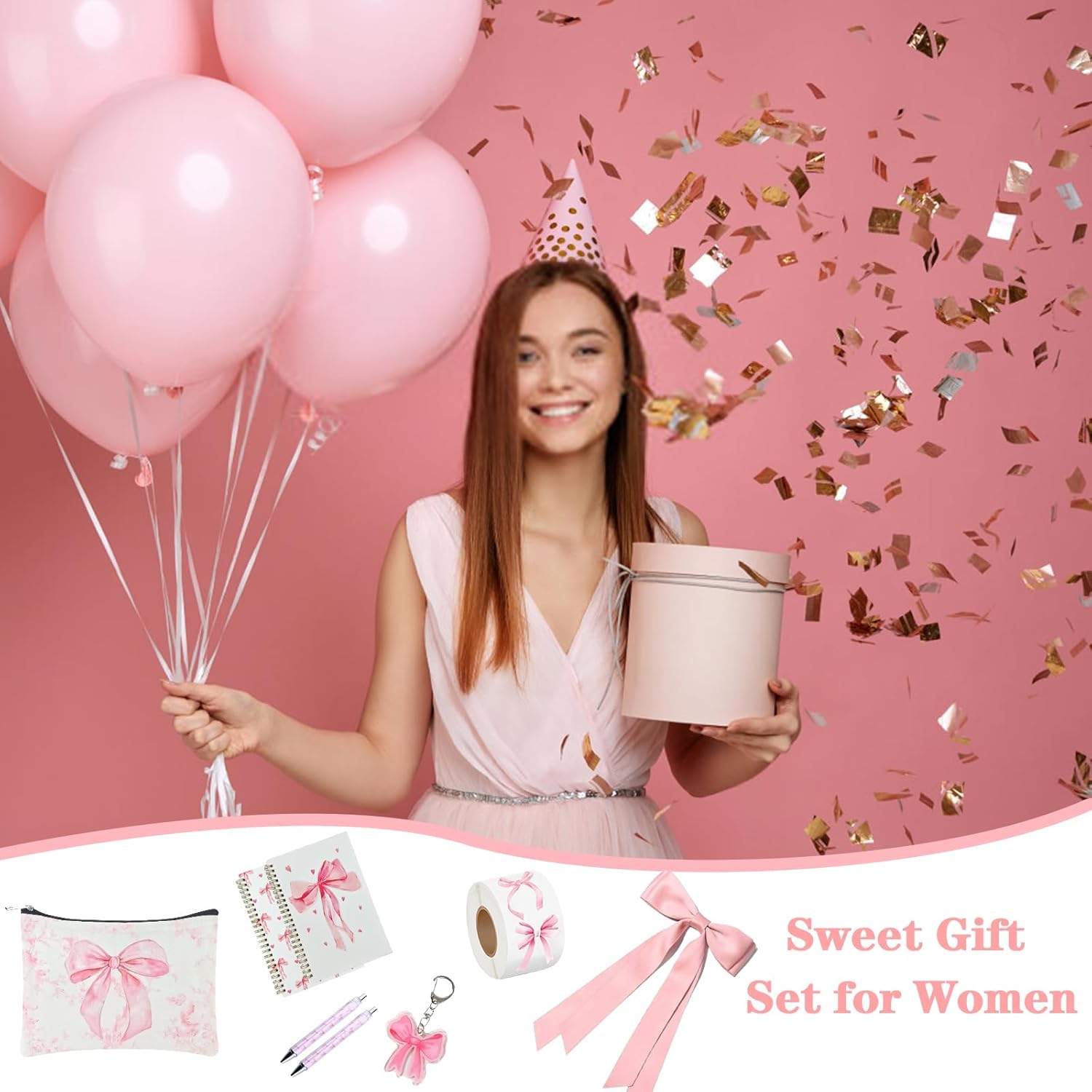Coquette Pink Bow Stuff Gift Set with Bow Cup, Preppy Makeup Bag, Bow Notebook, Keychain Accessories Bow Themed Presents for Girls Women